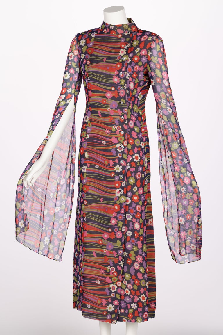 Pauline Trigère Abstract Floral Print Cotton Kimono Angel-Sleeve Dress ...