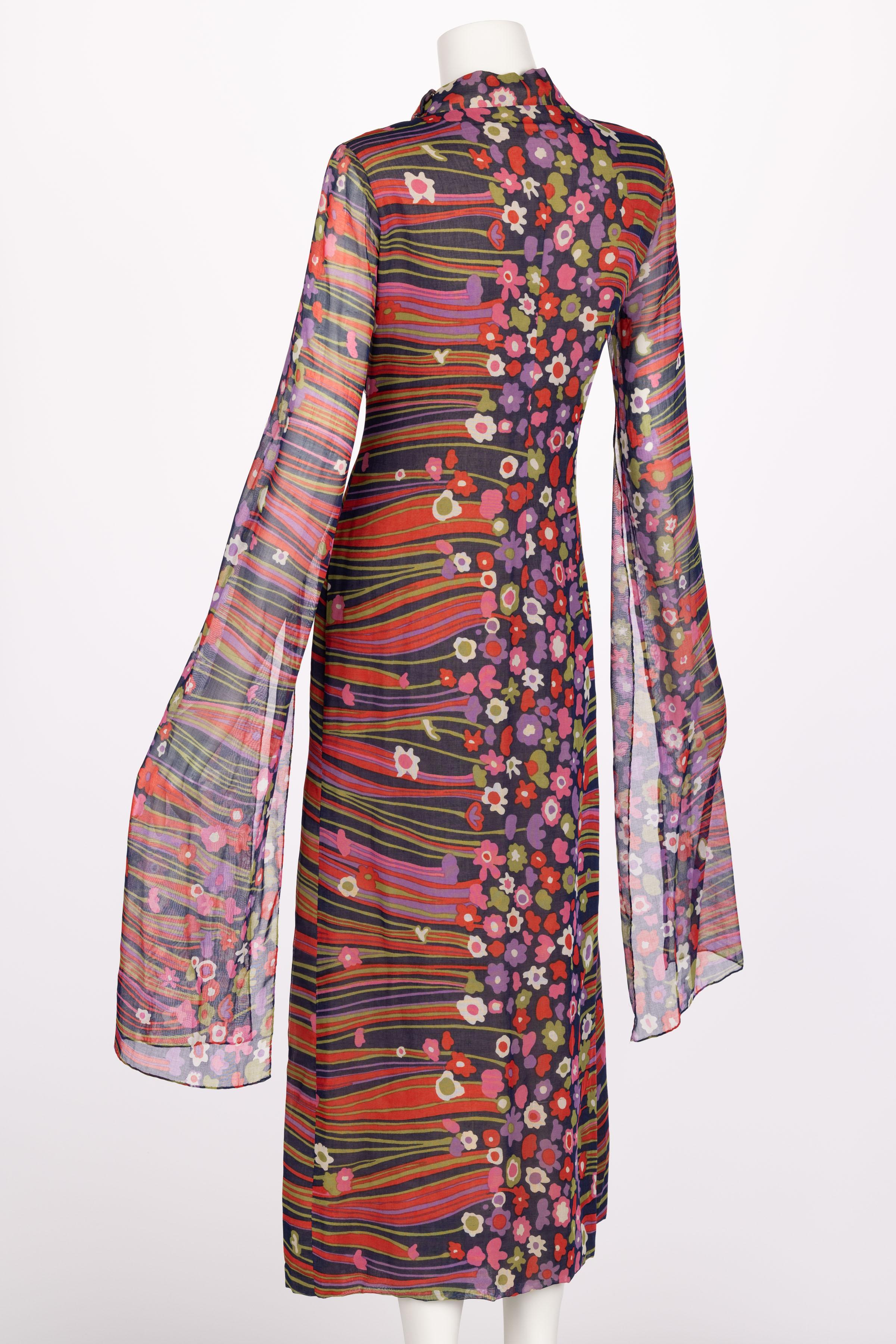 Brown Pauline Trigère Abstract Floral Print Cotton Kimono Angel-Sleeve Dress, 1960s For Sale