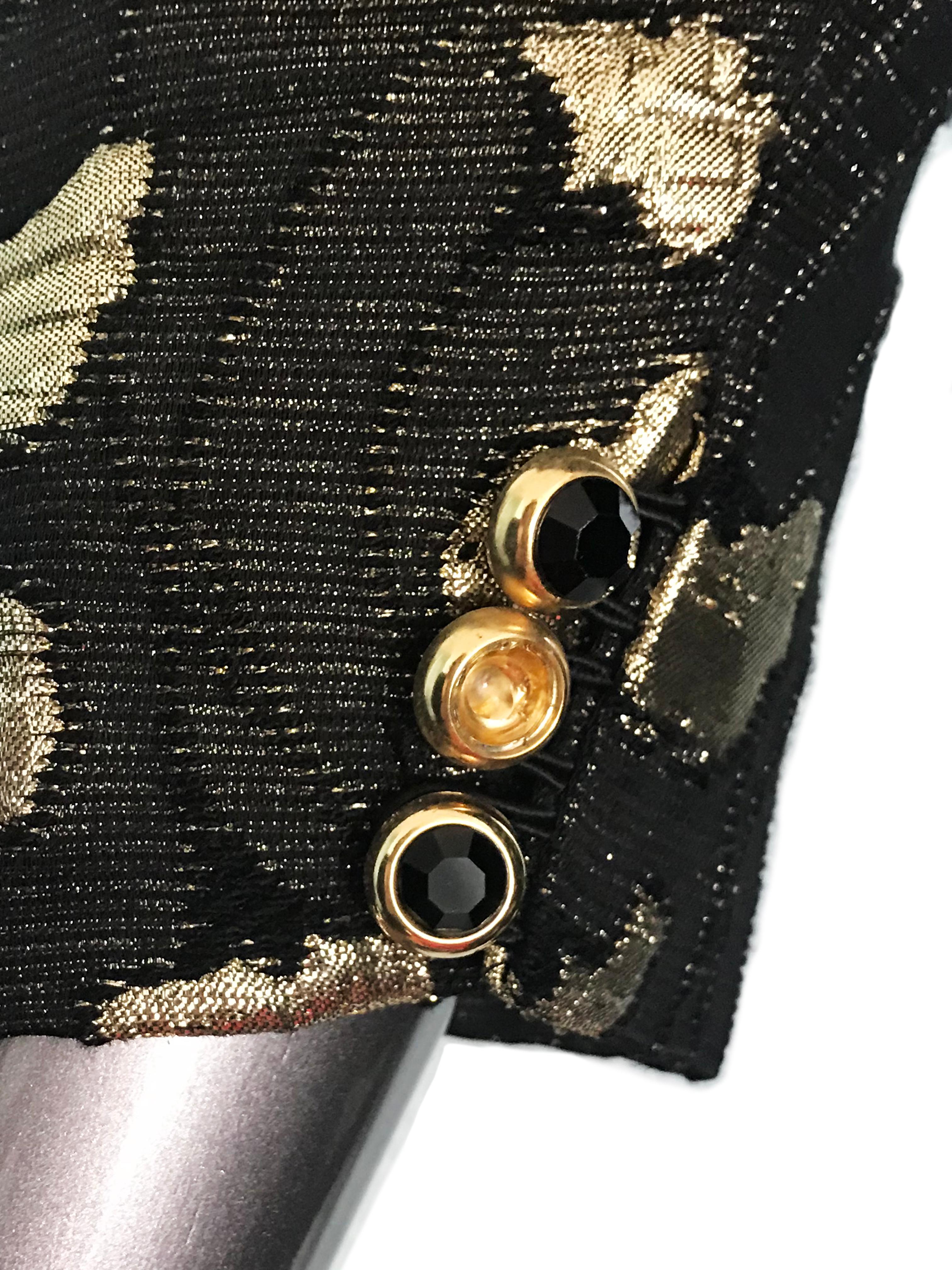Pauline Trigere Black and Gold Brocade 2 Piece Skirt Suit, 1980s For Sale 1