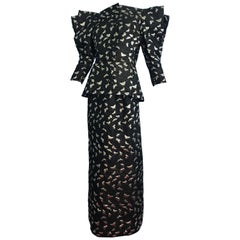 Pauline Trigere Black and Gold Brocade 2 Piece Skirt Suit, 1980s