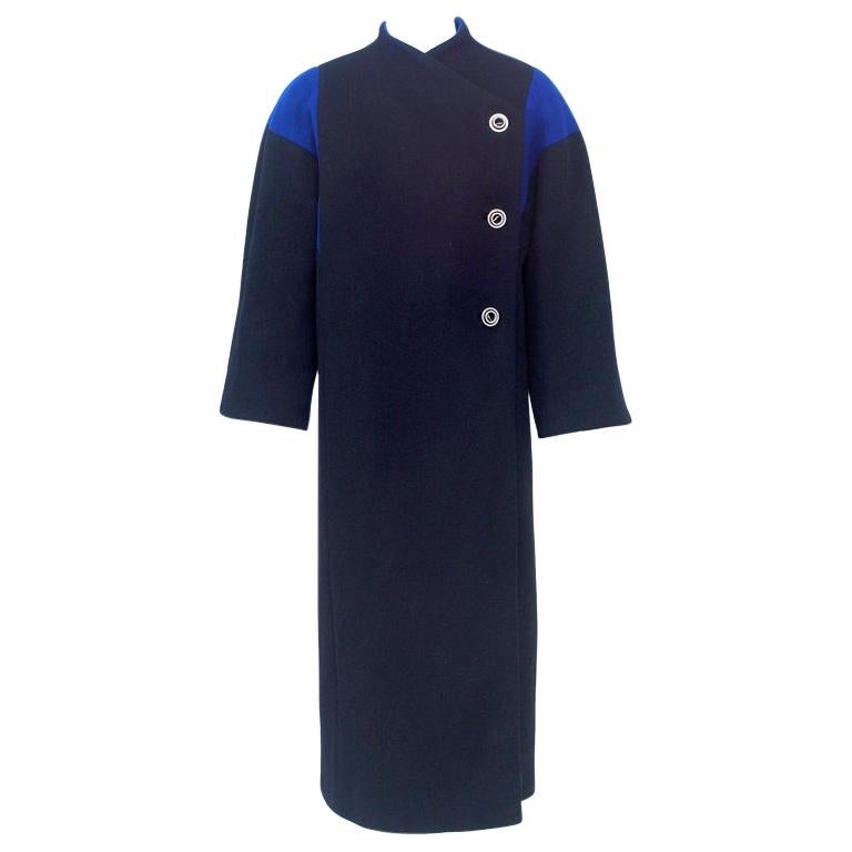 Pauline Trigere Black Coat With Royal Blue Inserts For Sale