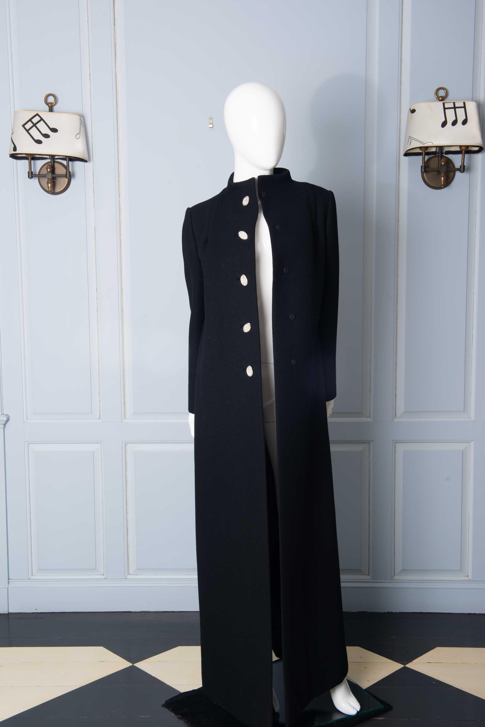 Classic Pauline Trigere Black Wool Evening Coat with Oval Rhinestone buttons.