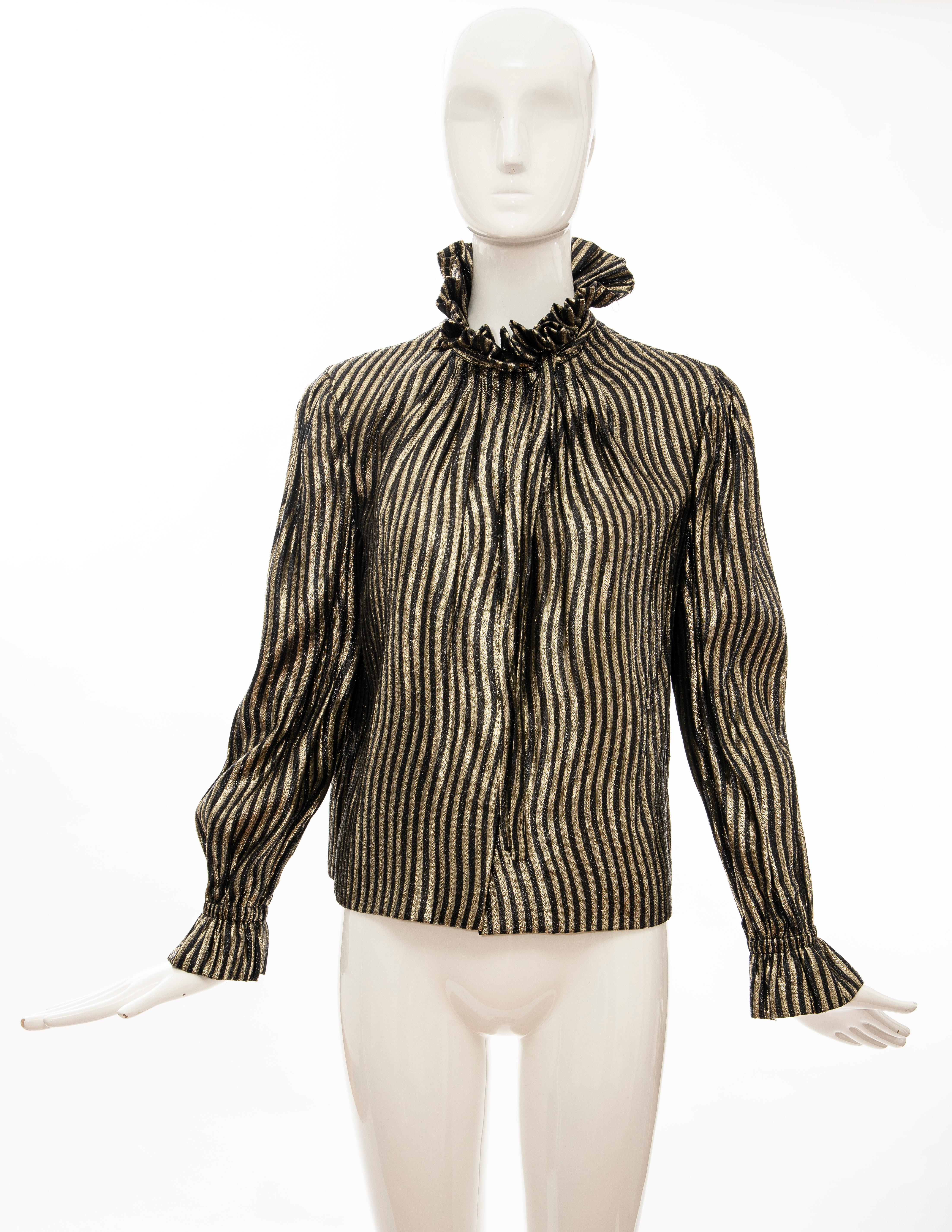 Pauline Trigere, circa 1970's black gold striped metallic snap front blouse.

No Size Label

Bust: 36, Sleeve: 24, Shoulder: 16, Length: 23