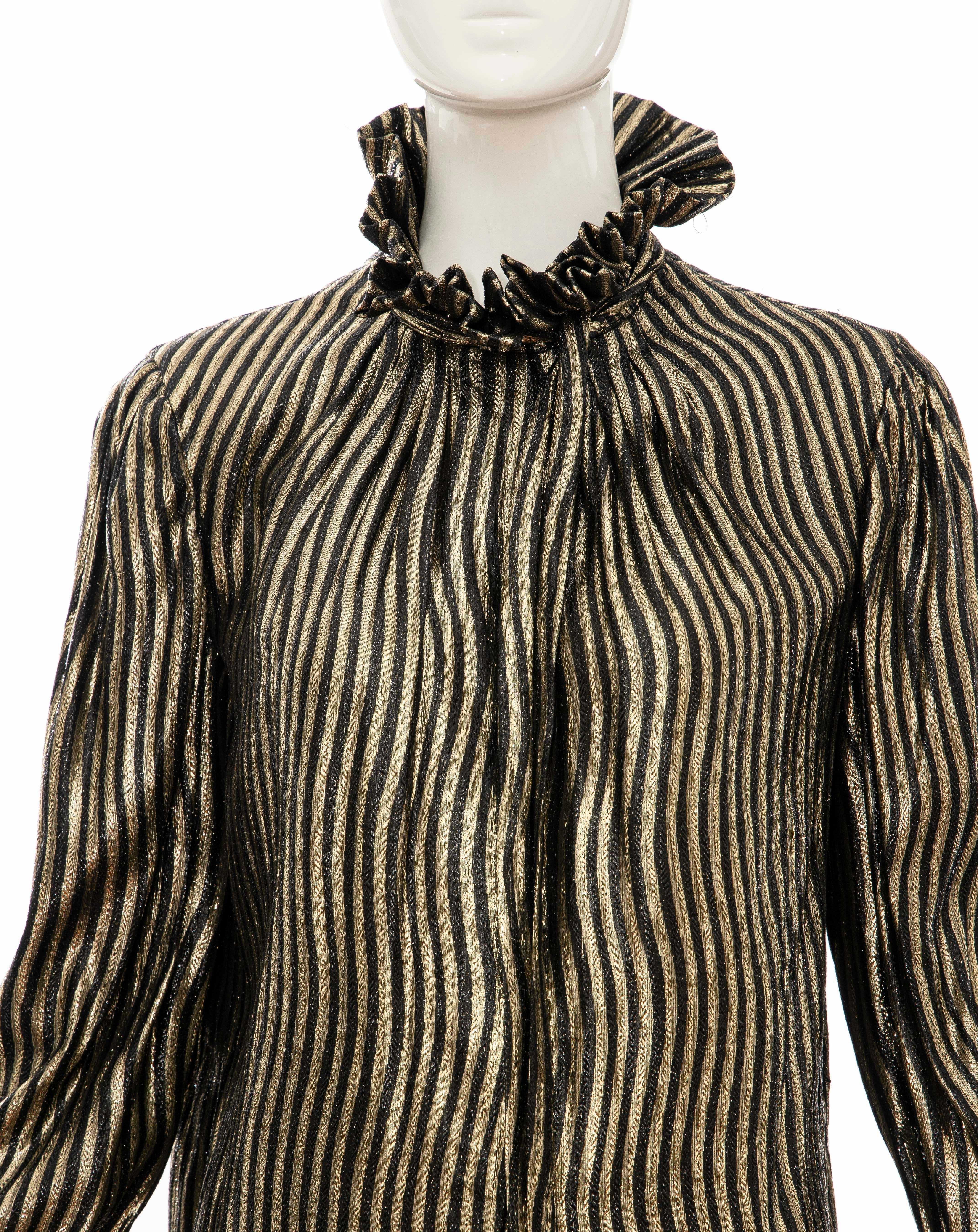Pauline Trigere Black Gold Striped Metallic Snap Front Blouse, Circa: 1970's For Sale 1