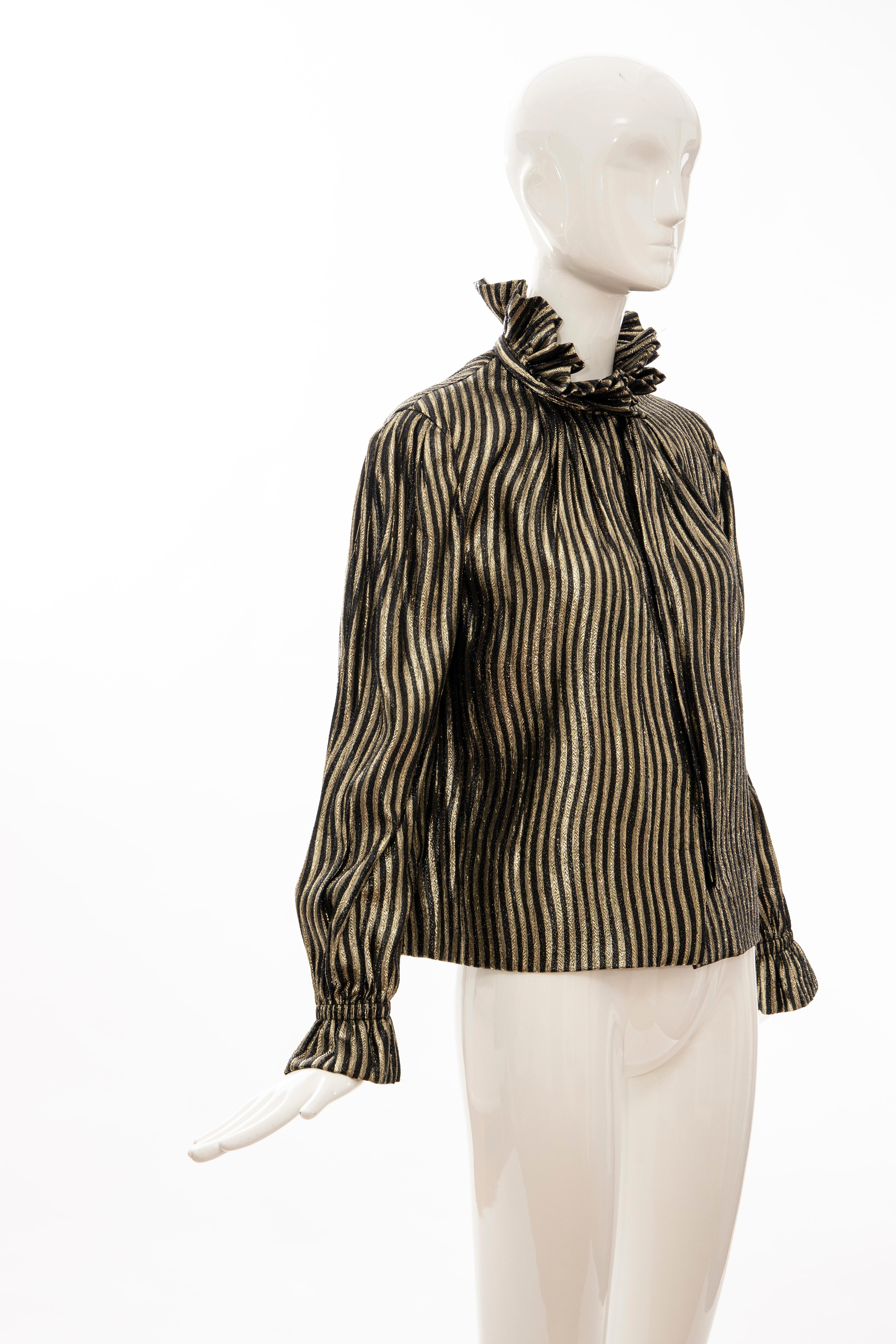 Pauline Trigere Black Gold Striped Metallic Snap Front Blouse, Circa: 1970's For Sale 2
