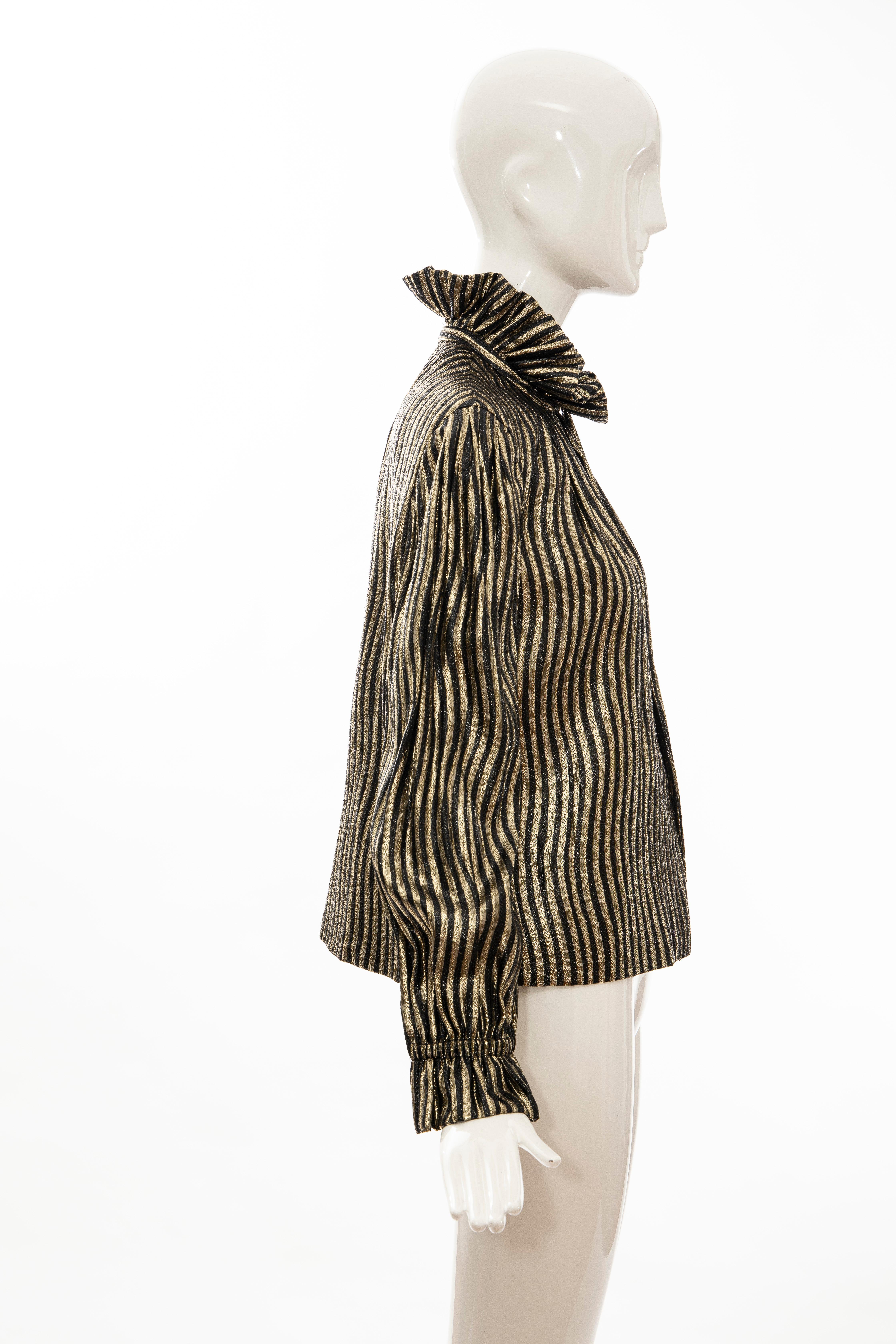 Pauline Trigere Black Gold Striped Metallic Snap Front Blouse, Circa: 1970's For Sale 3