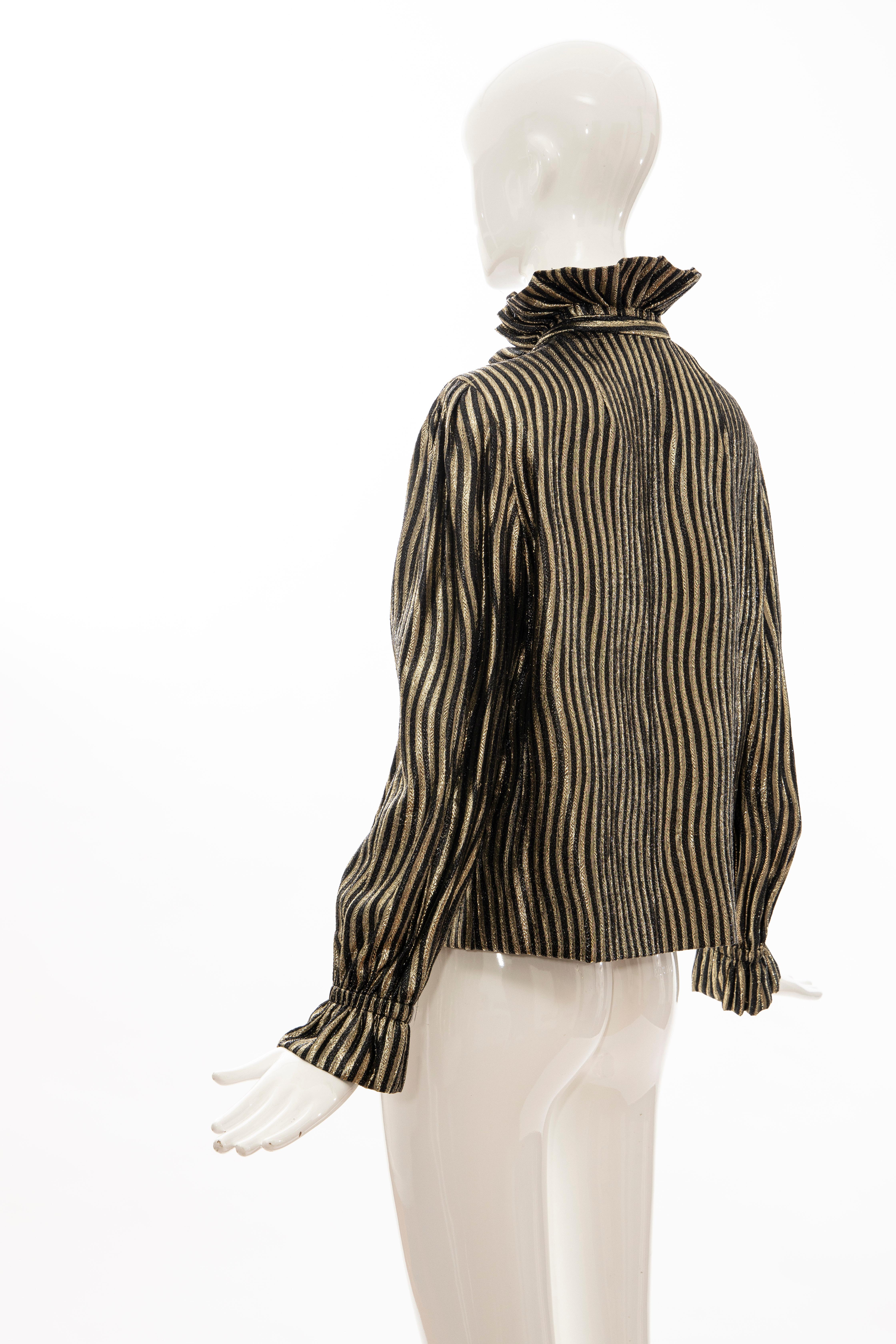 Pauline Trigere Black Gold Striped Metallic Snap Front Blouse, Circa: 1970's For Sale 6