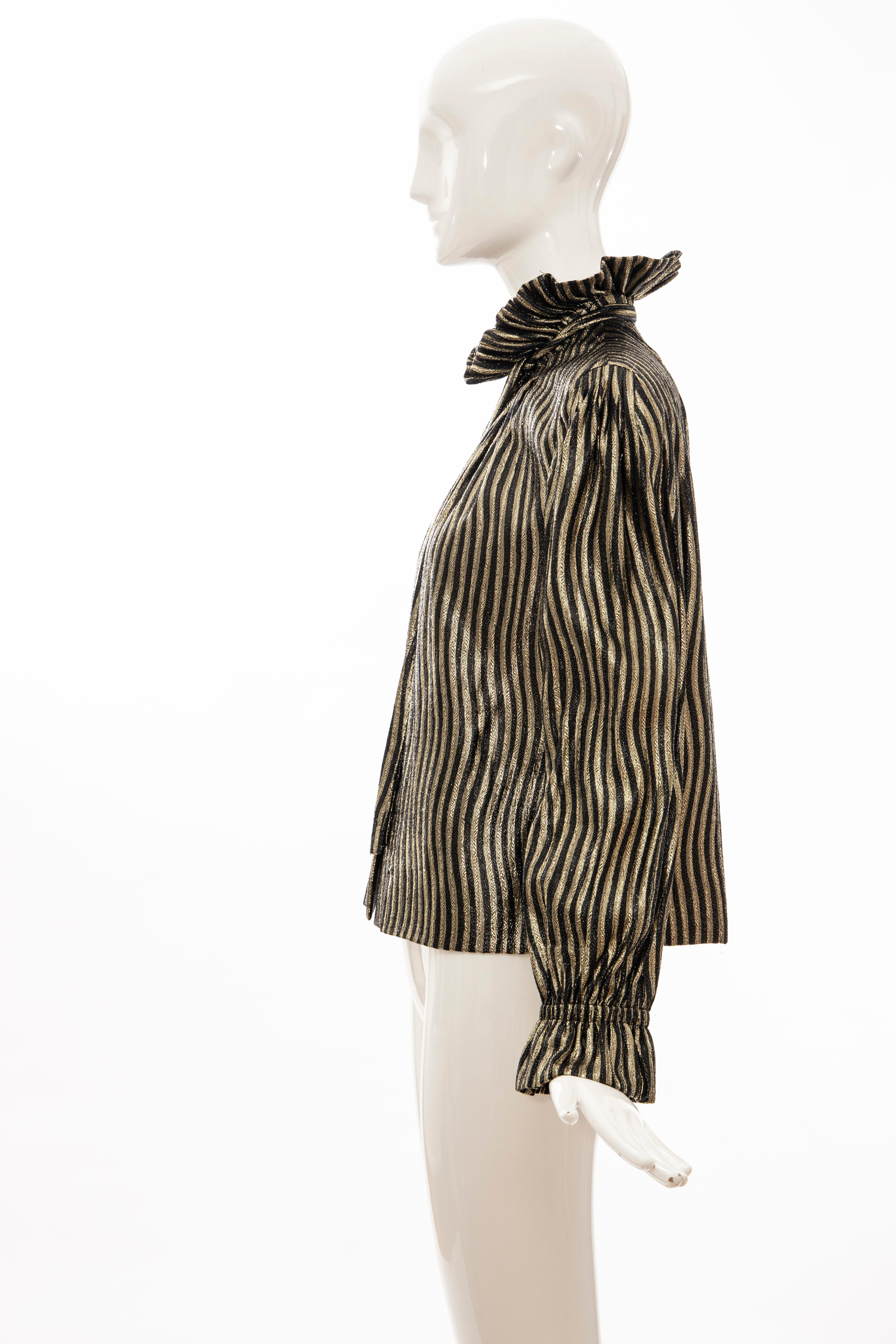 Pauline Trigere Black Gold Striped Metallic Snap Front Blouse, Circa: 1970's For Sale 7