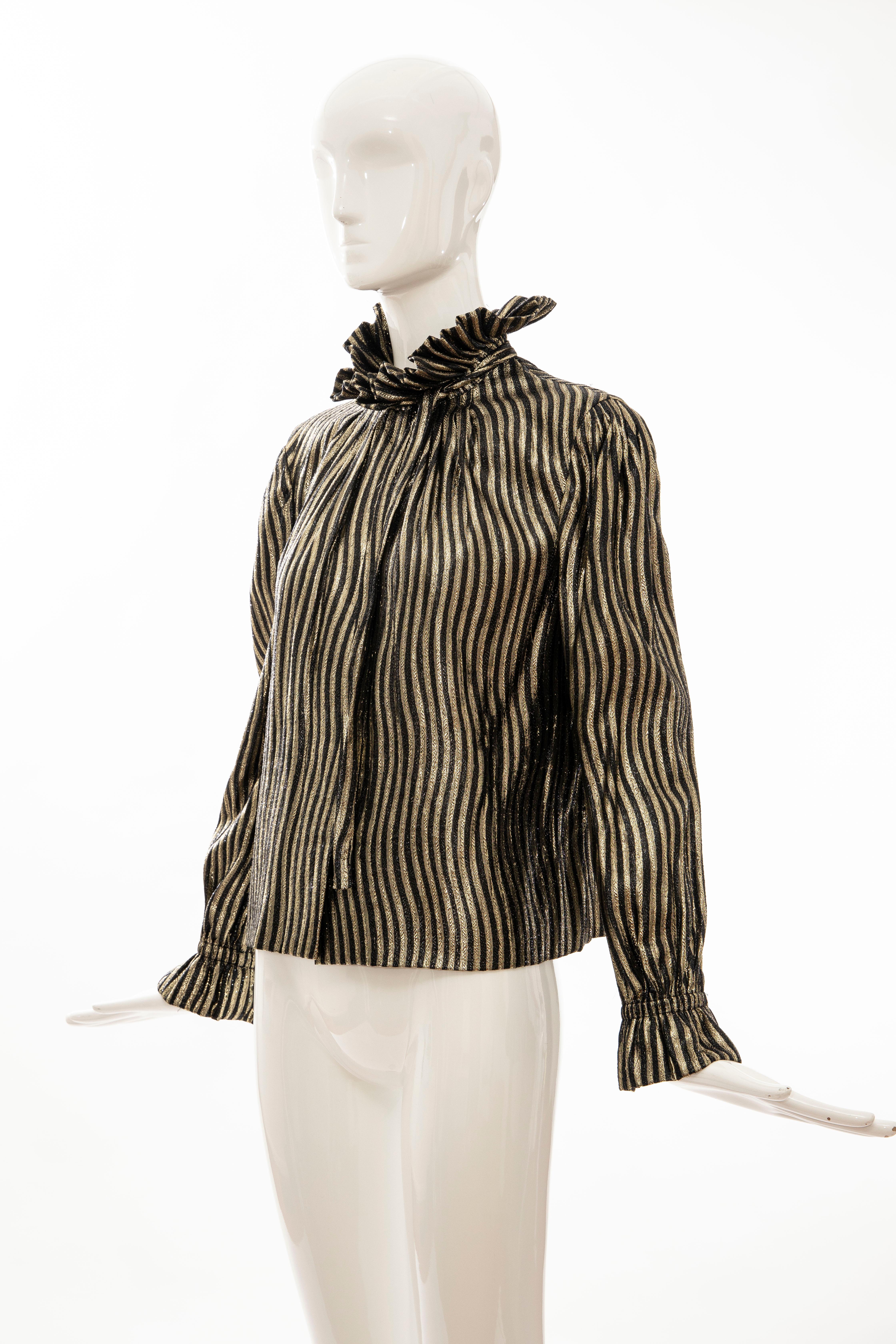 Pauline Trigere Black Gold Striped Metallic Snap Front Blouse, Circa: 1970's For Sale 8