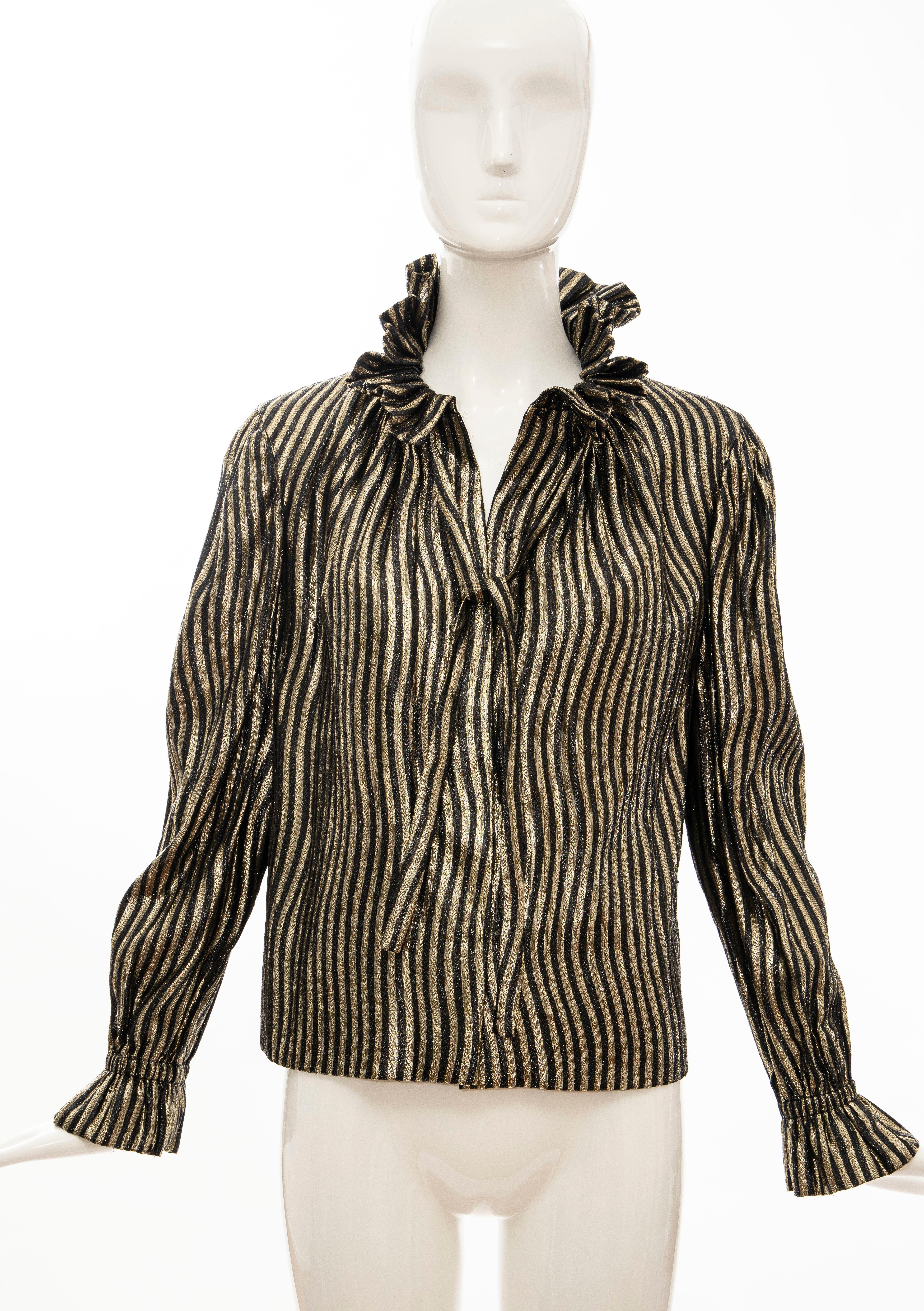 Pauline Trigere Black Gold Striped Metallic Snap Front Blouse, Circa: 1970's For Sale 9