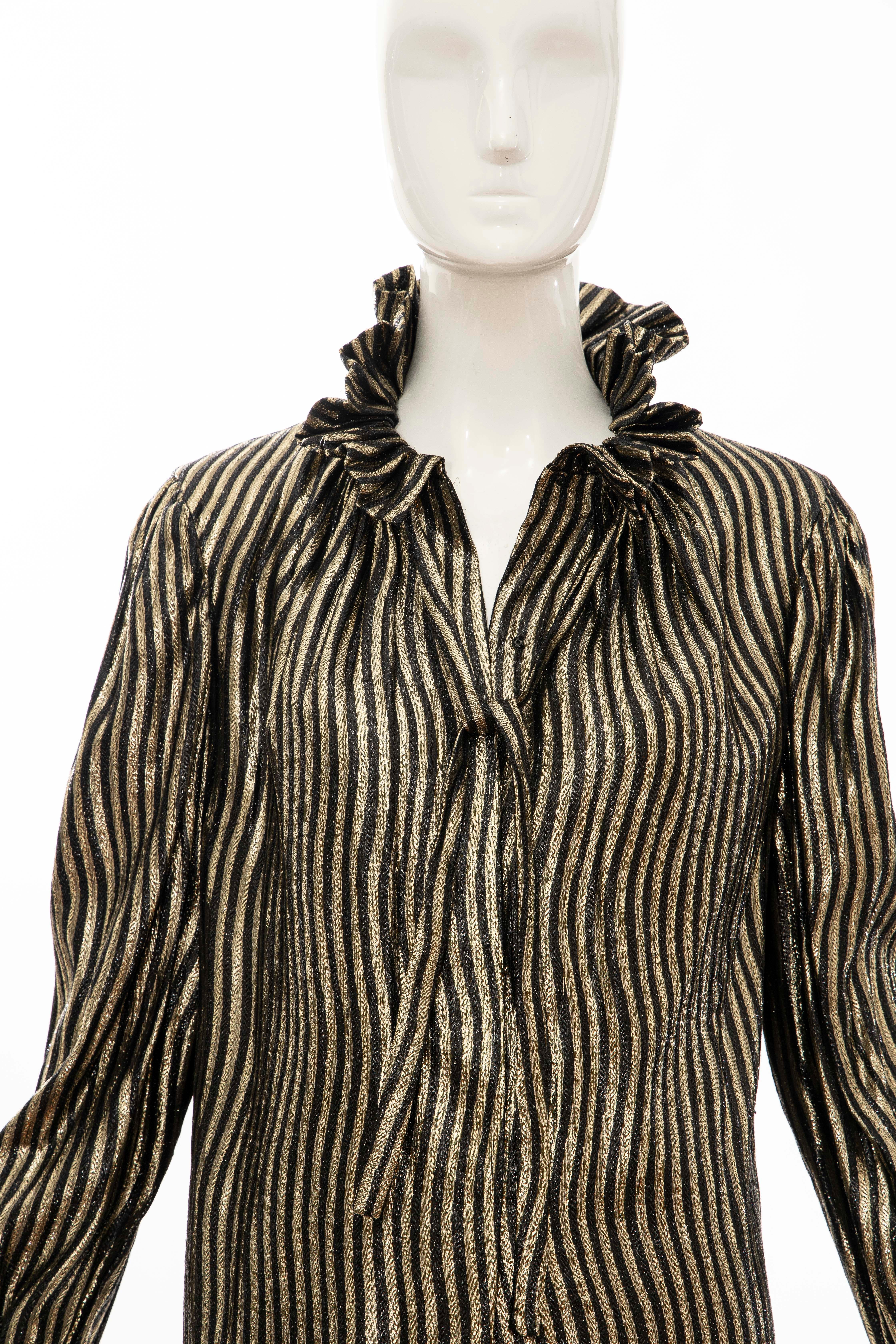 Pauline Trigere Black Gold Striped Metallic Snap Front Blouse, Circa: 1970's For Sale 10