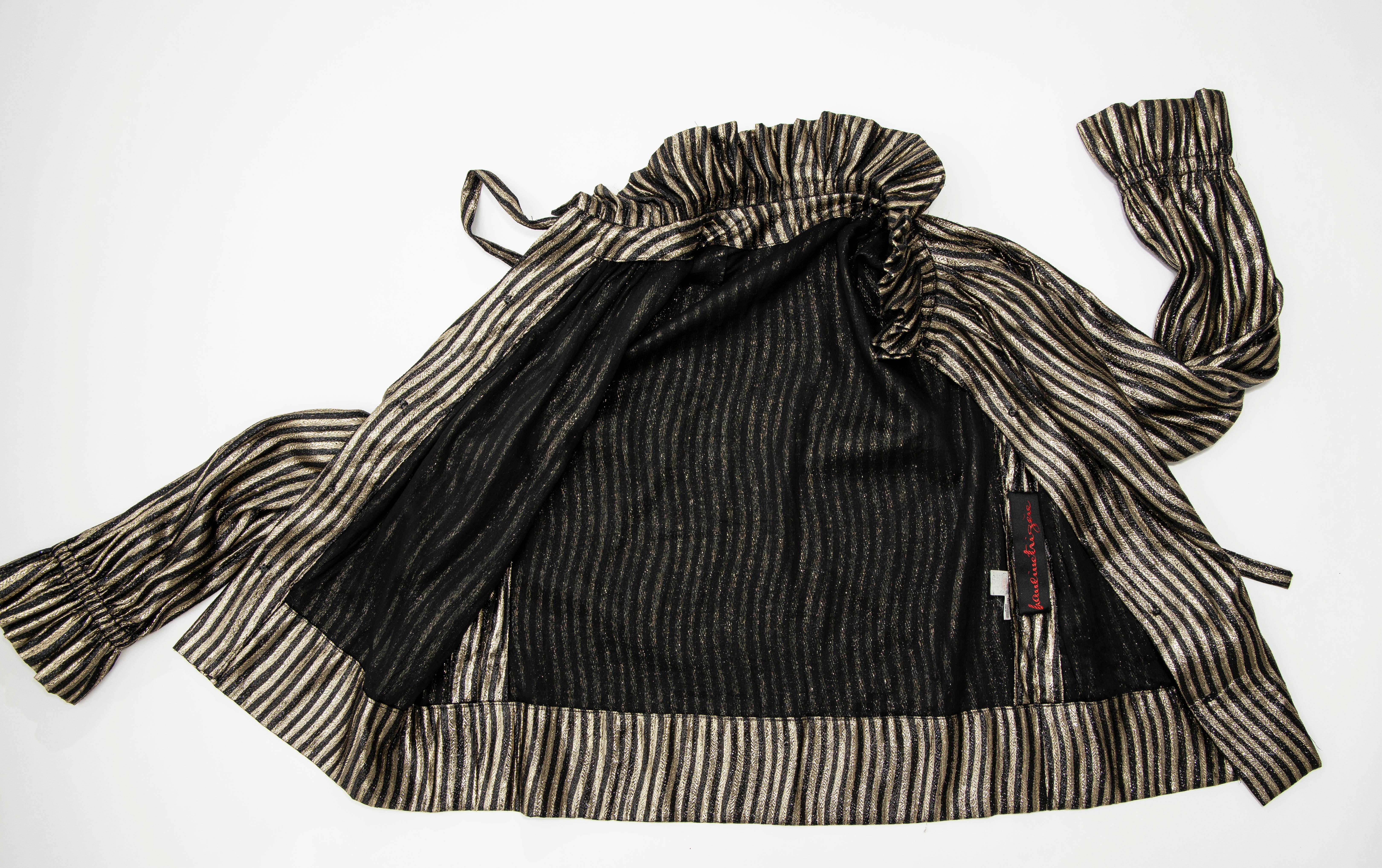 Pauline Trigere Black Gold Striped Metallic Snap Front Blouse, Circa: 1970's For Sale 11