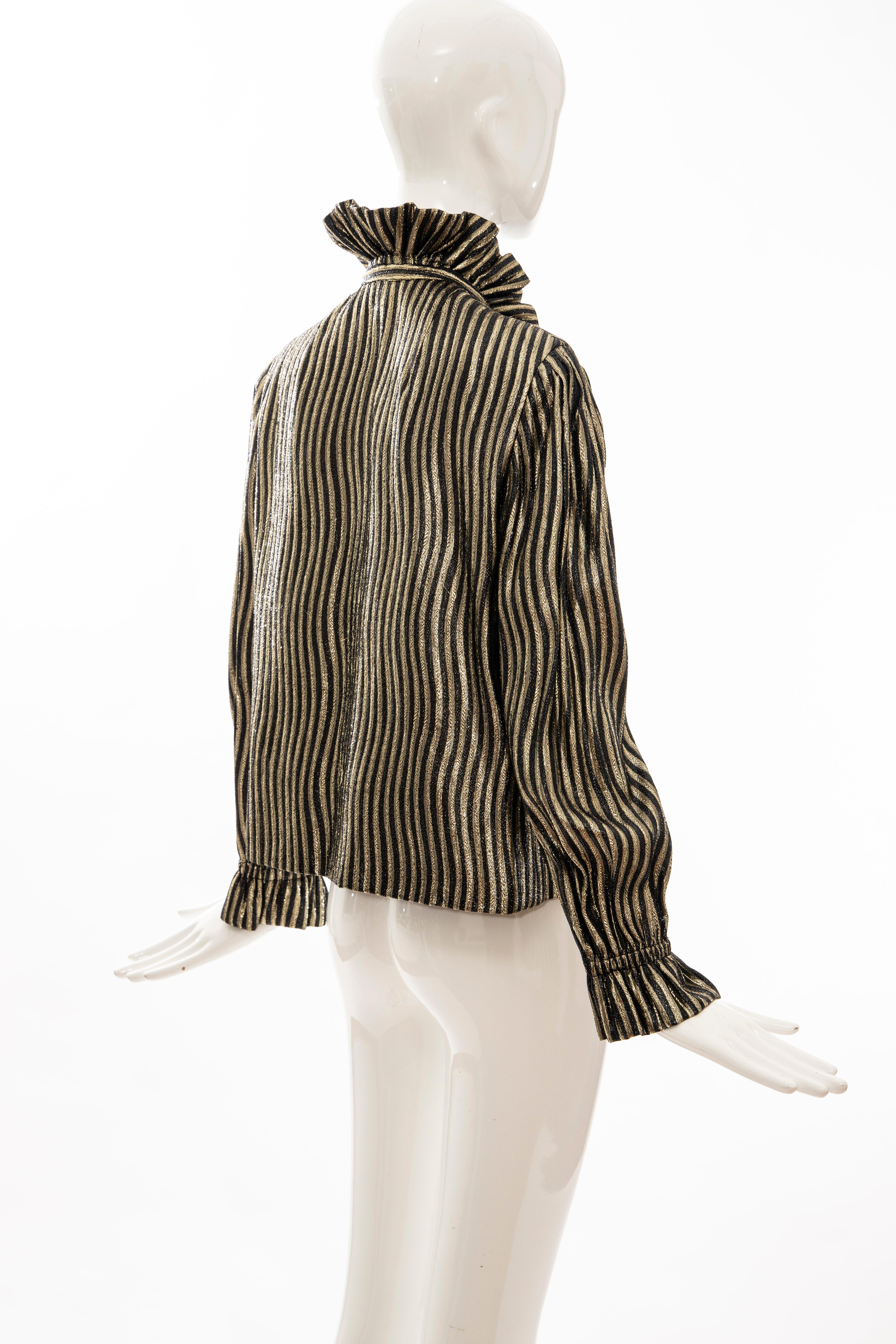 Pauline Trigere Black Gold Striped Metallic Snap Front Blouse, Circa: 1970's For Sale 4