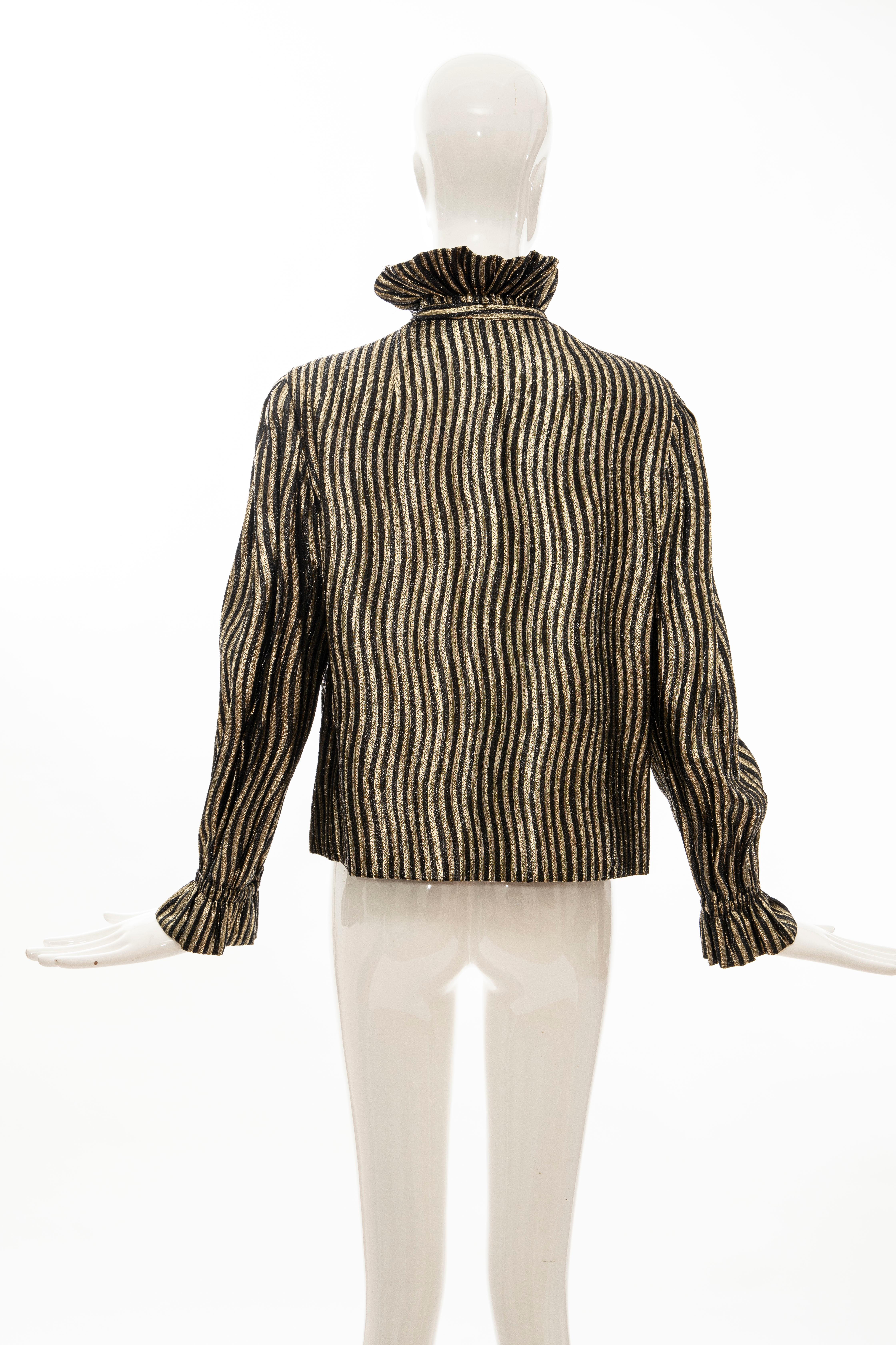 Pauline Trigere Black Gold Striped Metallic Snap Front Blouse, Circa: 1970's For Sale 5