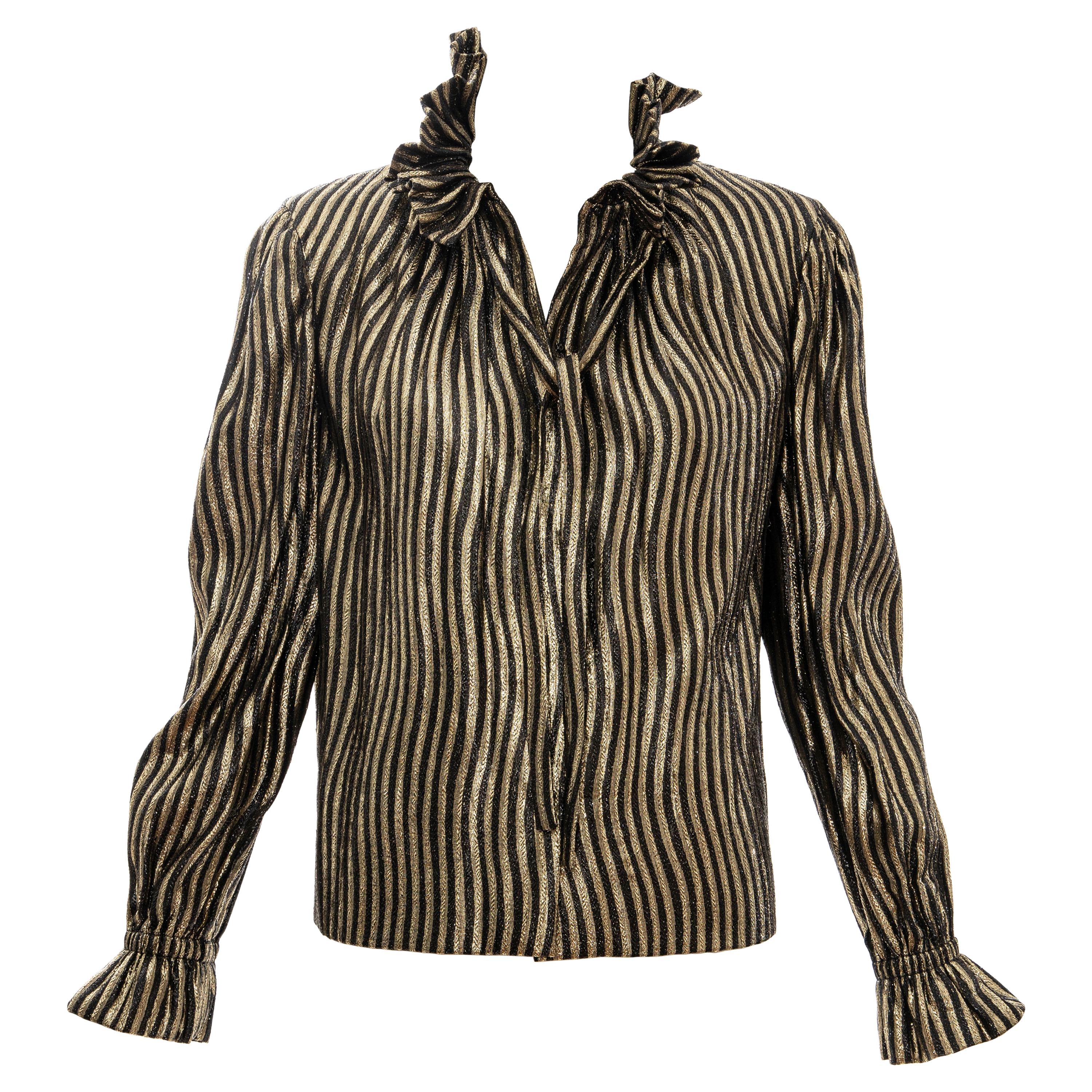Pauline Trigere Black Gold Striped Metallic Snap Front Blouse, Circa: 1970's For Sale