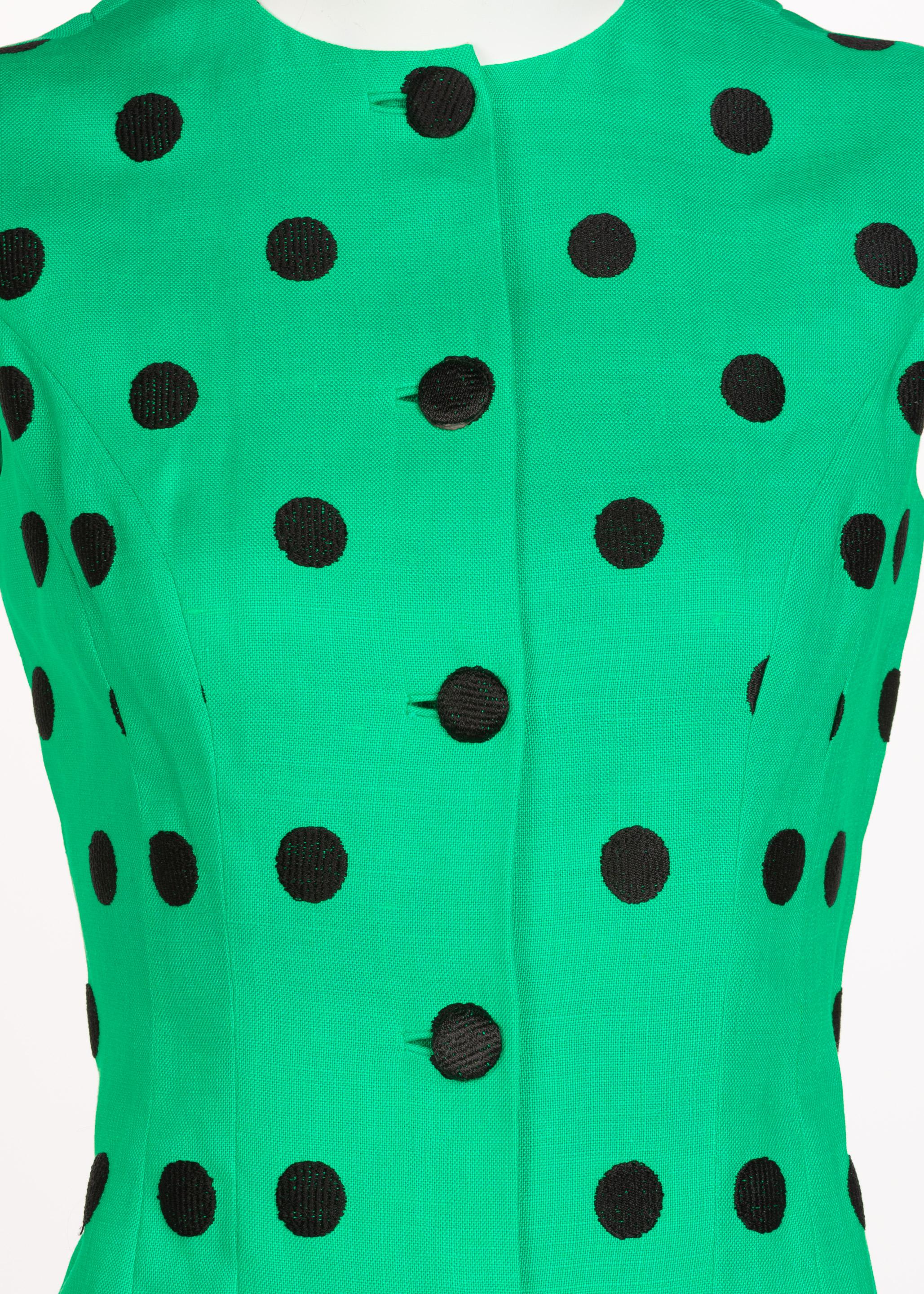 Blue Pauline Trigere Black Polka Dot Green Linen Dress, 1960s
