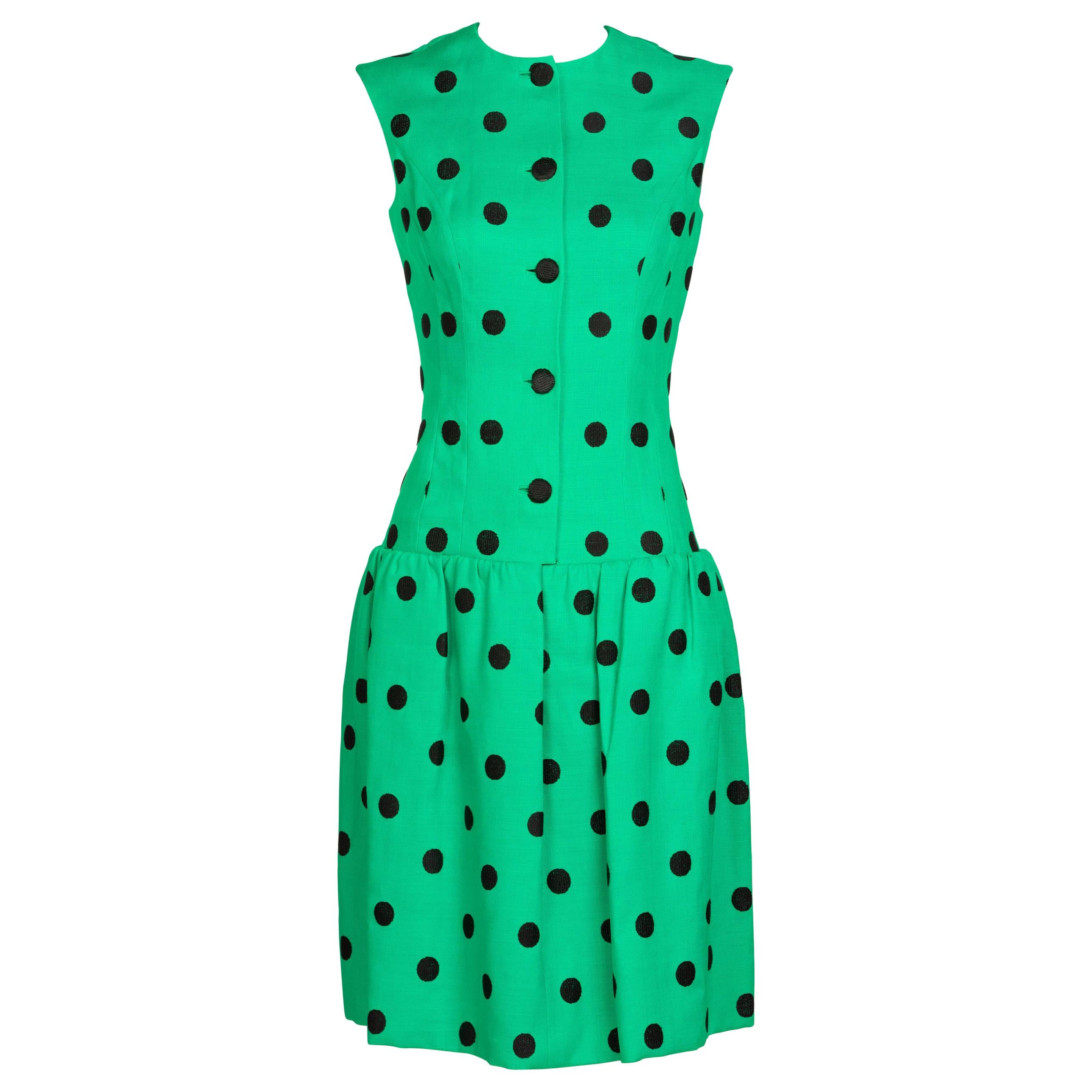 Pauline Trigere Black Polka Dot Green Linen Dress, 1960s