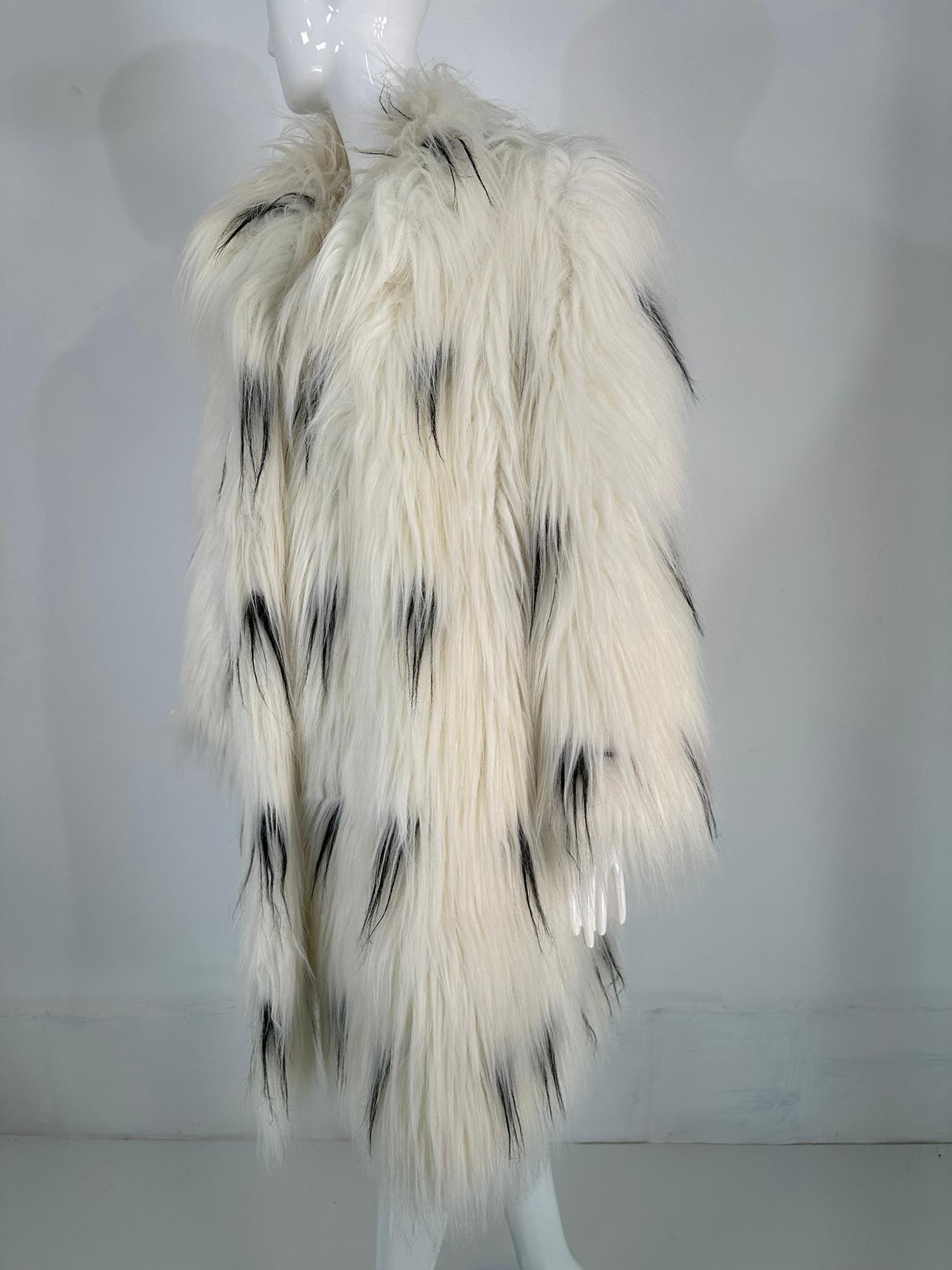 Pauline Trigere Black & White Shaggy Faux Fur Coat 1980s 8