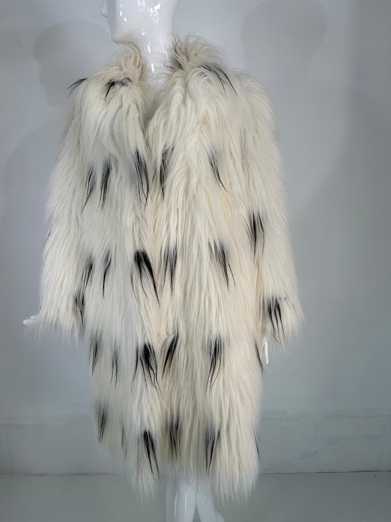 Pauline Trigere Black & White Shaggy Faux Fur Coat 1980s 9