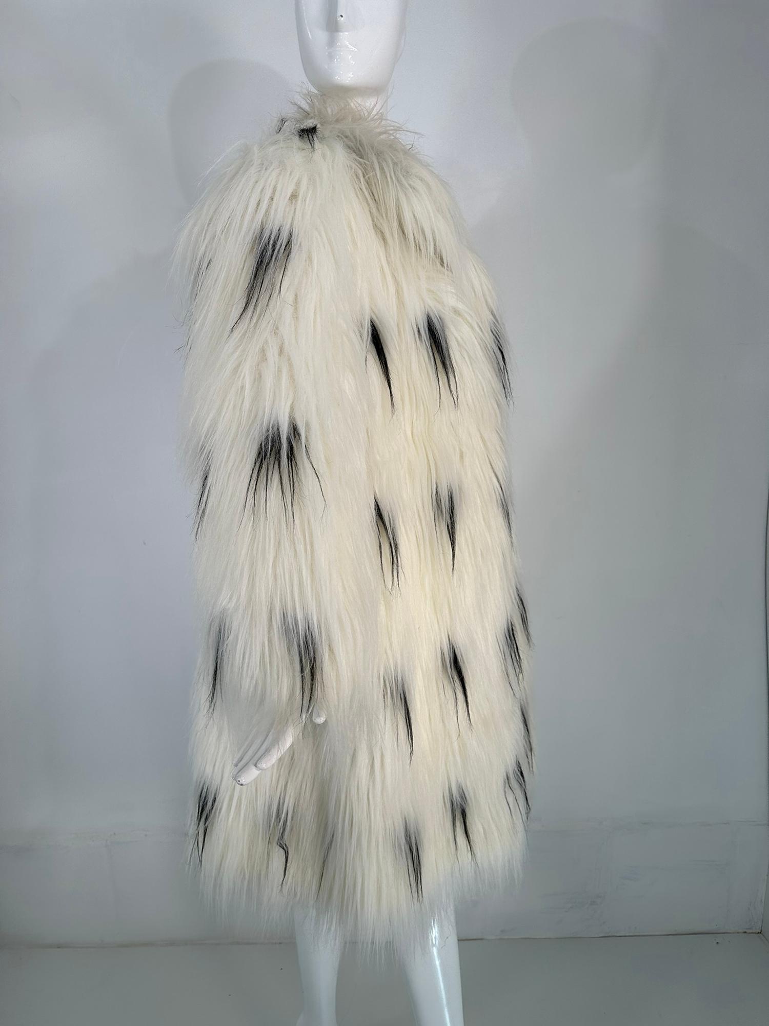 Gray Pauline Trigere Black & White Shaggy Faux Fur Coat 1980s