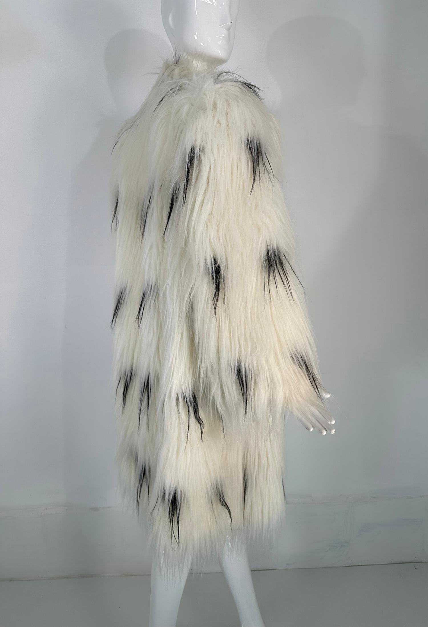 Women's or Men's Pauline Trigere Black & White Shaggy Faux Fur Coat 1980s
