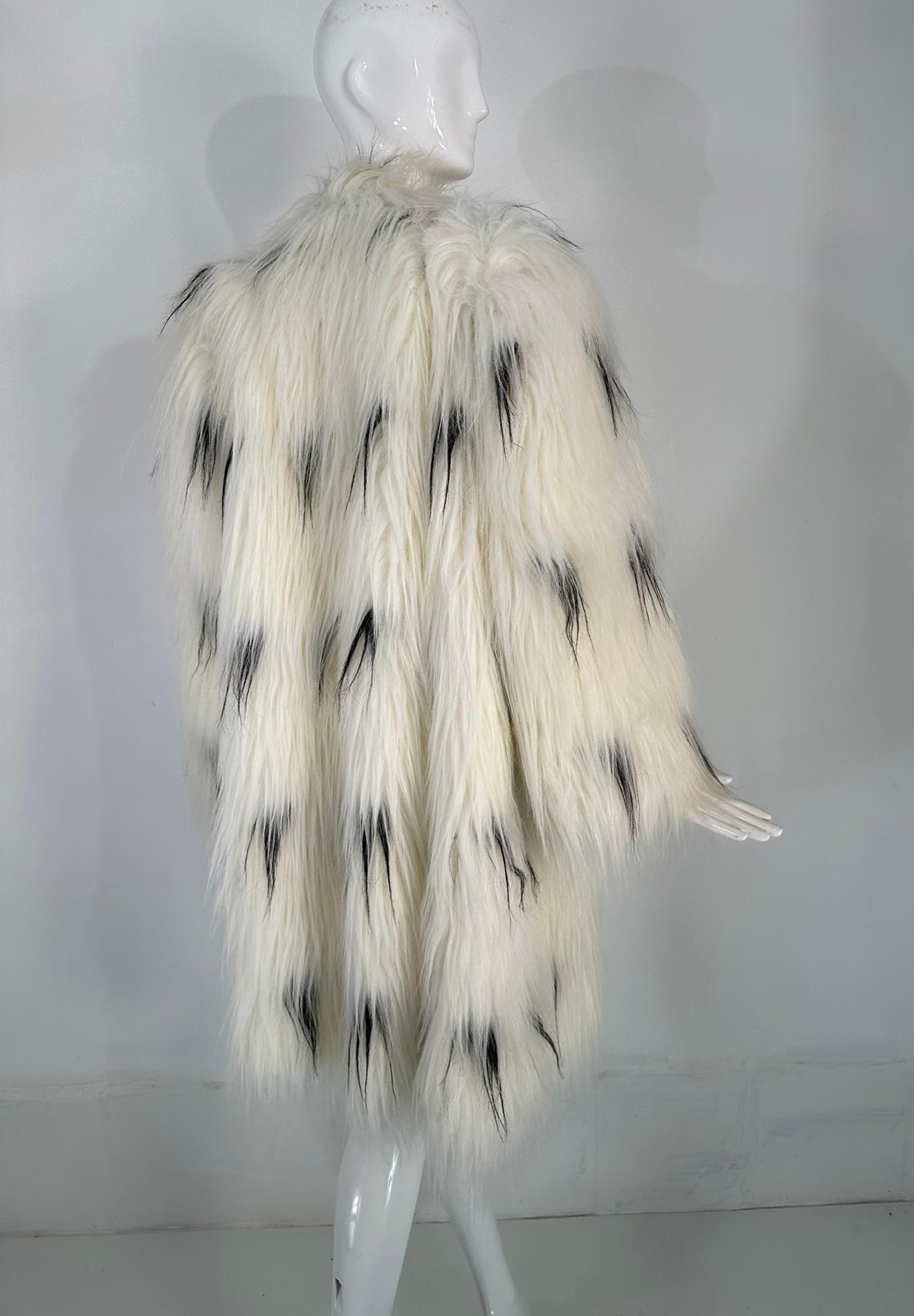 Pauline Trigere Black & White Shaggy Faux Fur Coat 1980s 1
