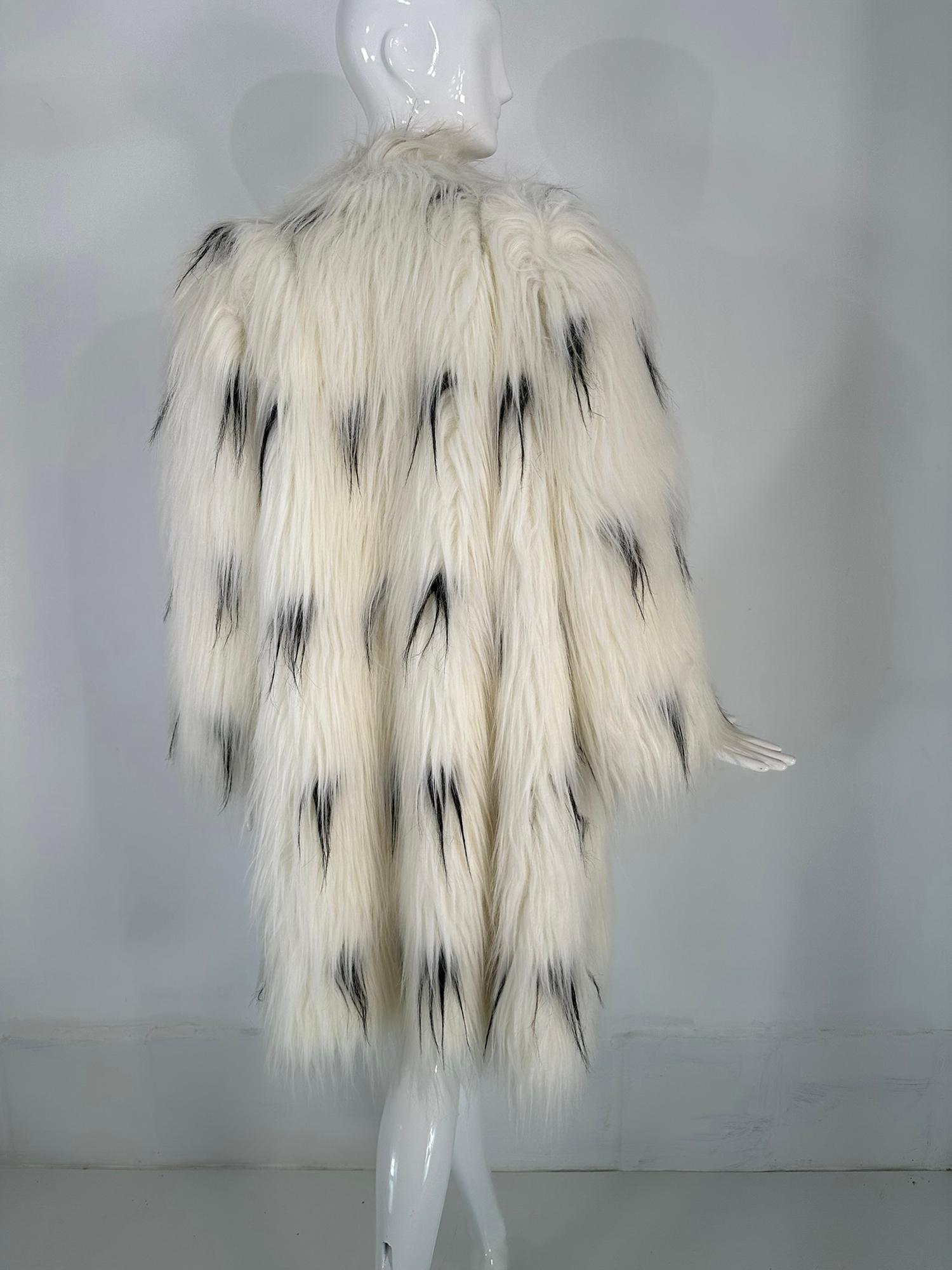 Pauline Trigere Black & White Shaggy Faux Fur Coat 1980s 2