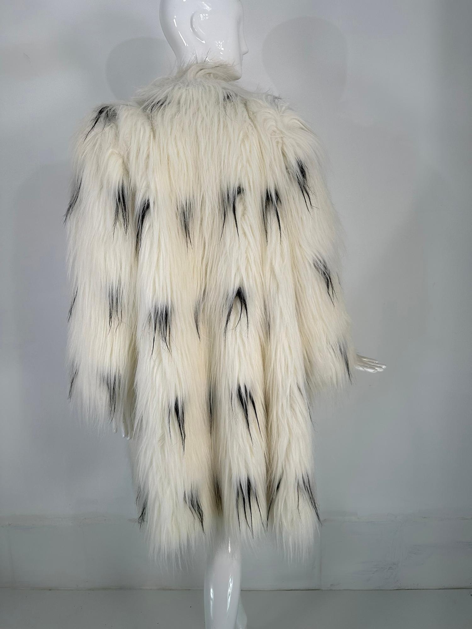 Pauline Trigere Black & White Shaggy Faux Fur Coat 1980s 3