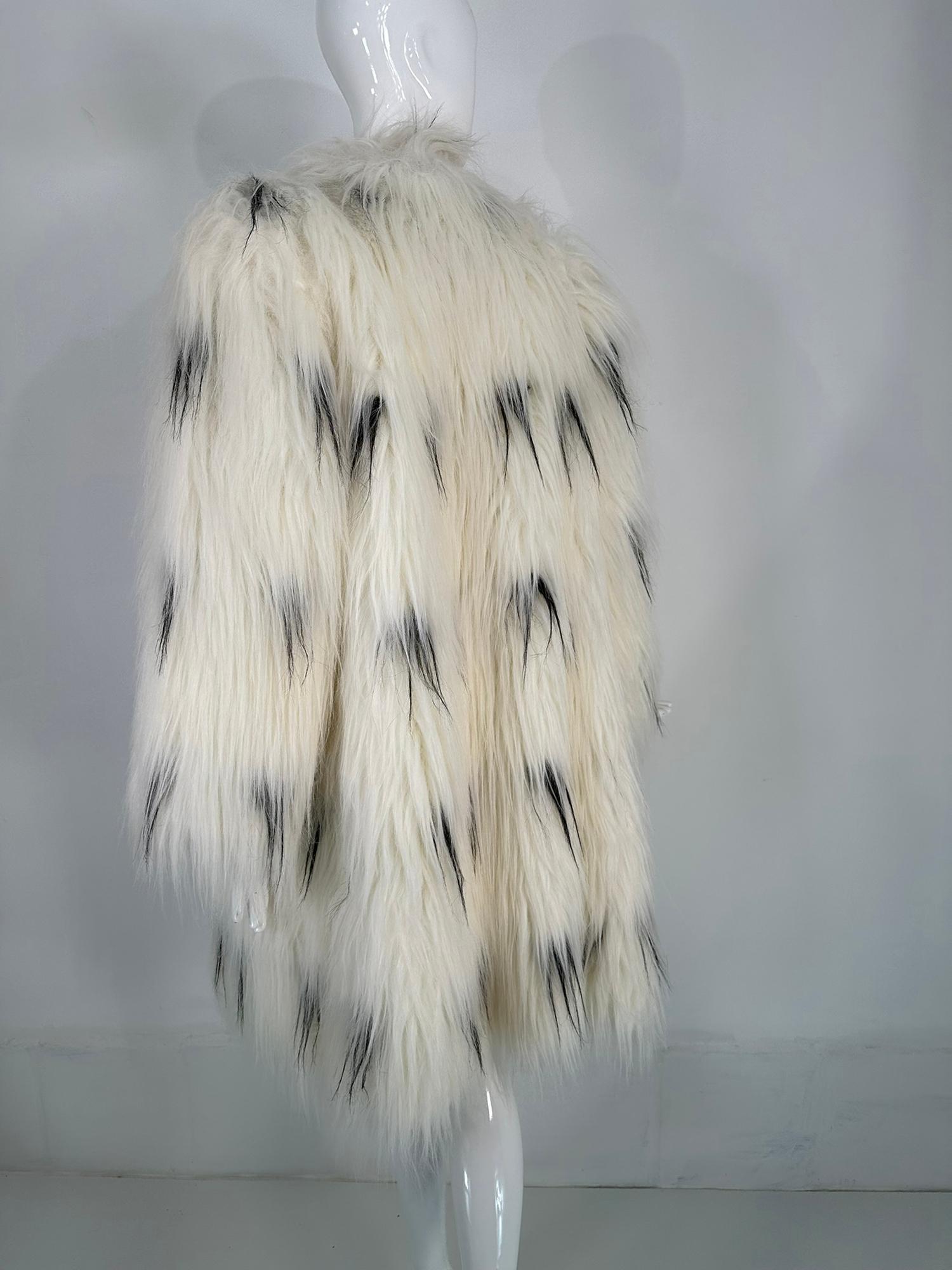 Pauline Trigere Black & White Shaggy Faux Fur Coat 1980s 4
