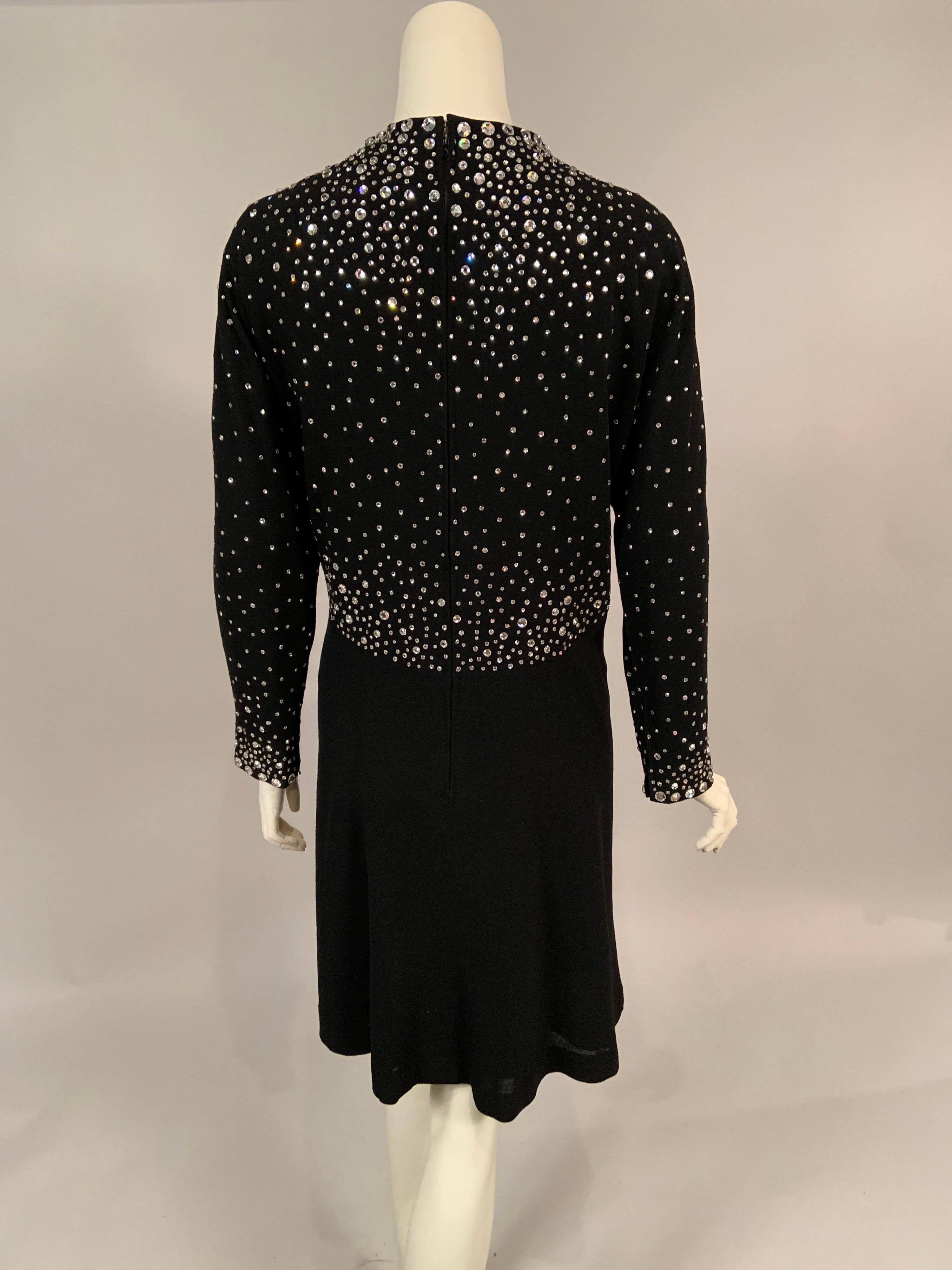 Pauline Trigere Black Wool Crepe Dress with Diamanté Studded Top Larger Size 5