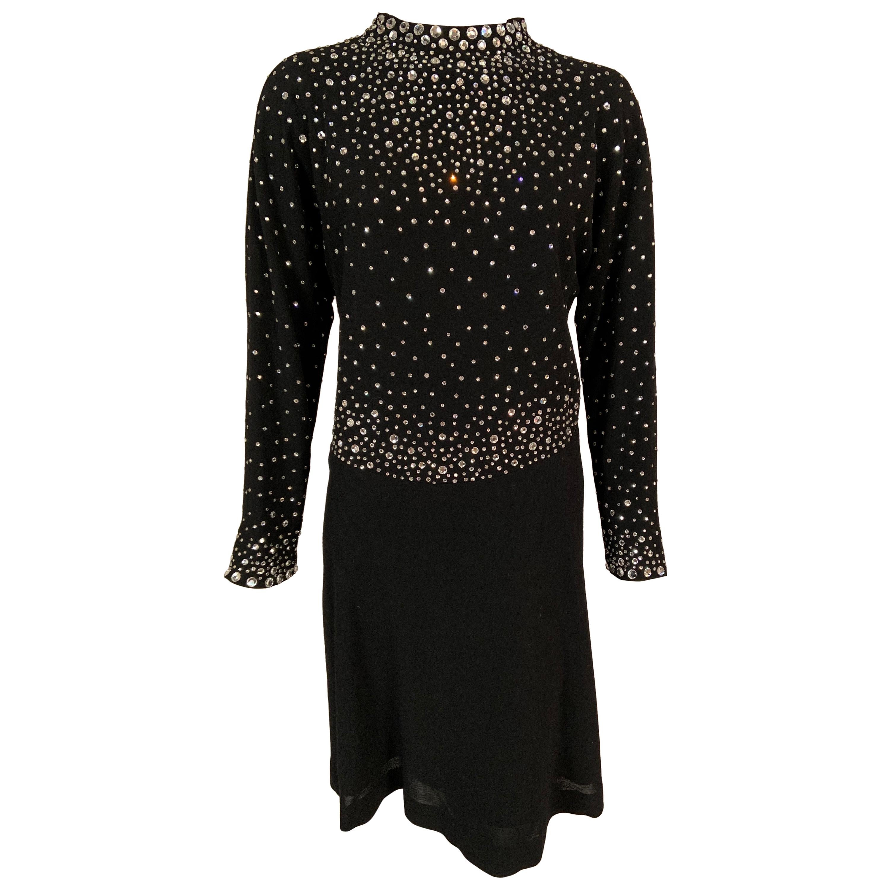 Pauline Trigere Black Wool Crepe Dress with Diamanté Studded Top Larger Size