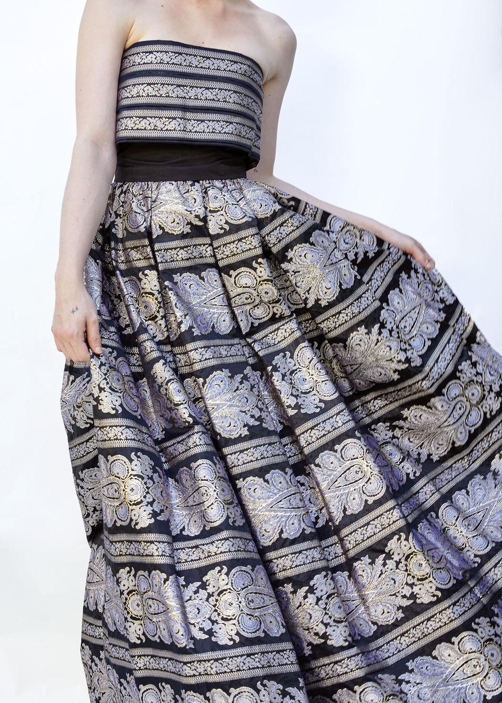 Women's Pauline Trigere Brocade strapless Gold/Black Gown With Shawl Included For Sale