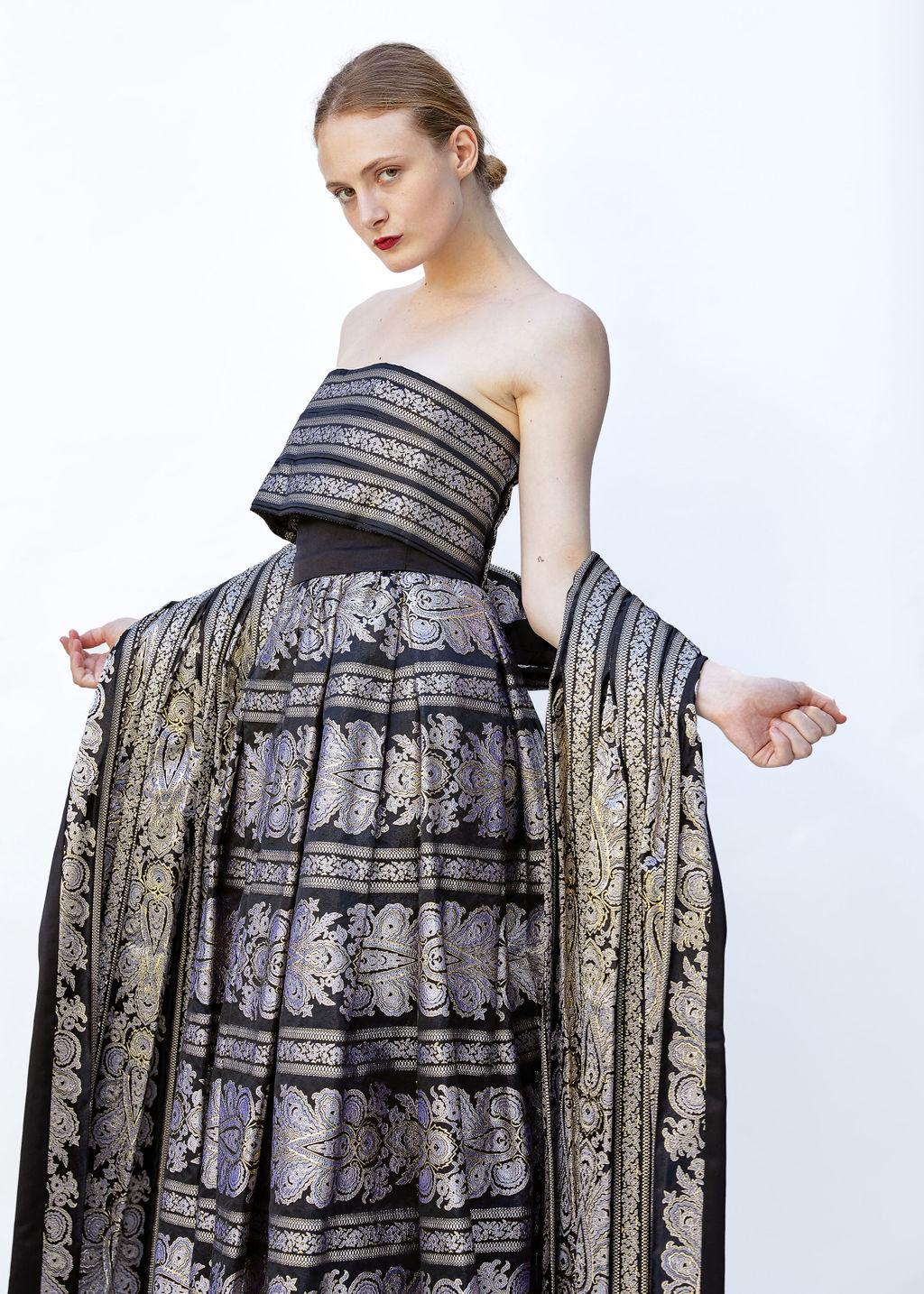 Pauline Trigere Brocade strapless Gold/Black Gown With Shawl Included For Sale 1