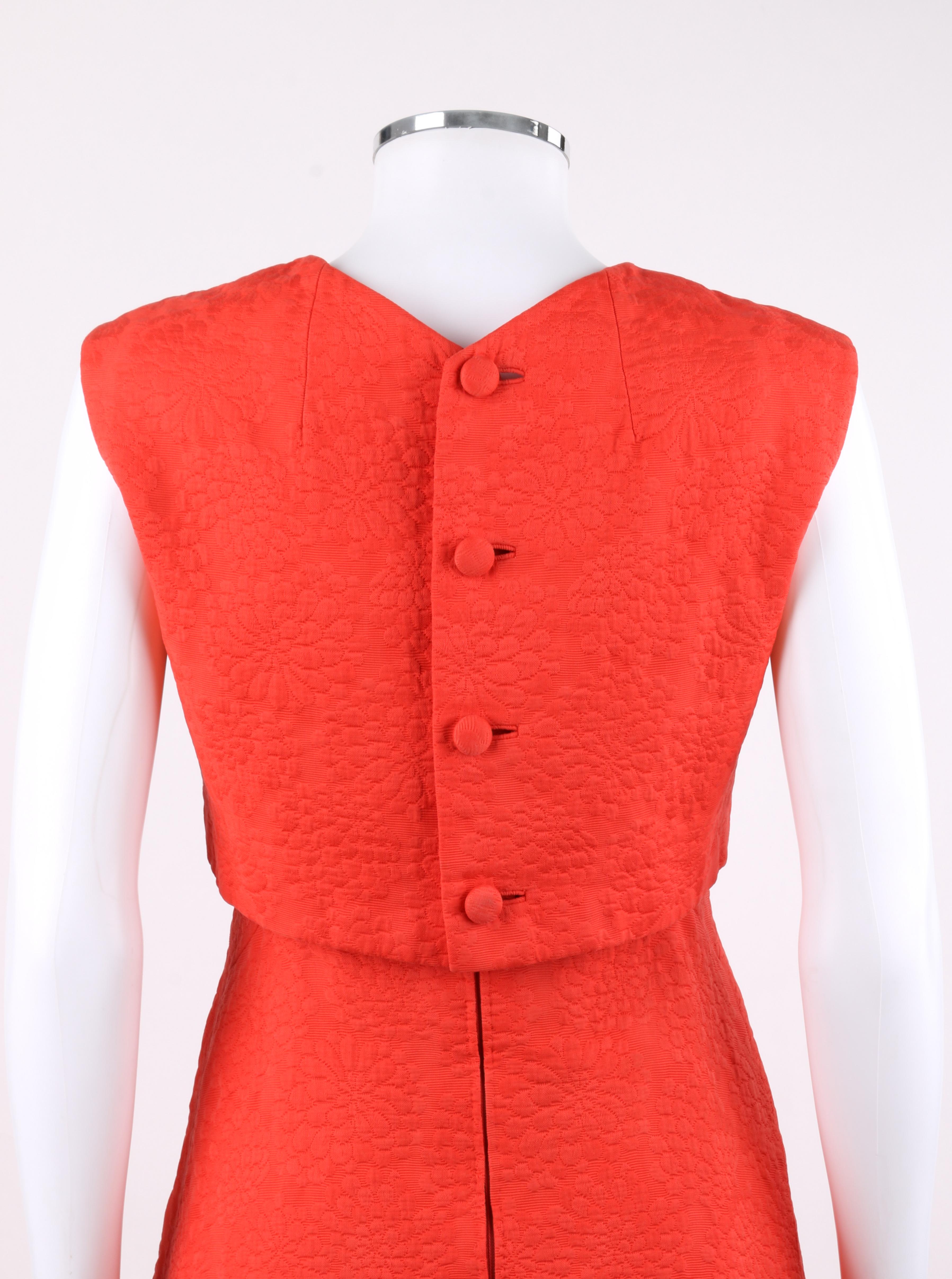 PAULINE TRIGERE c. 1960's 2 Pc Coral Orange Mod Jacquard Bolero Jacket Dress  In Good Condition In Thiensville, WI