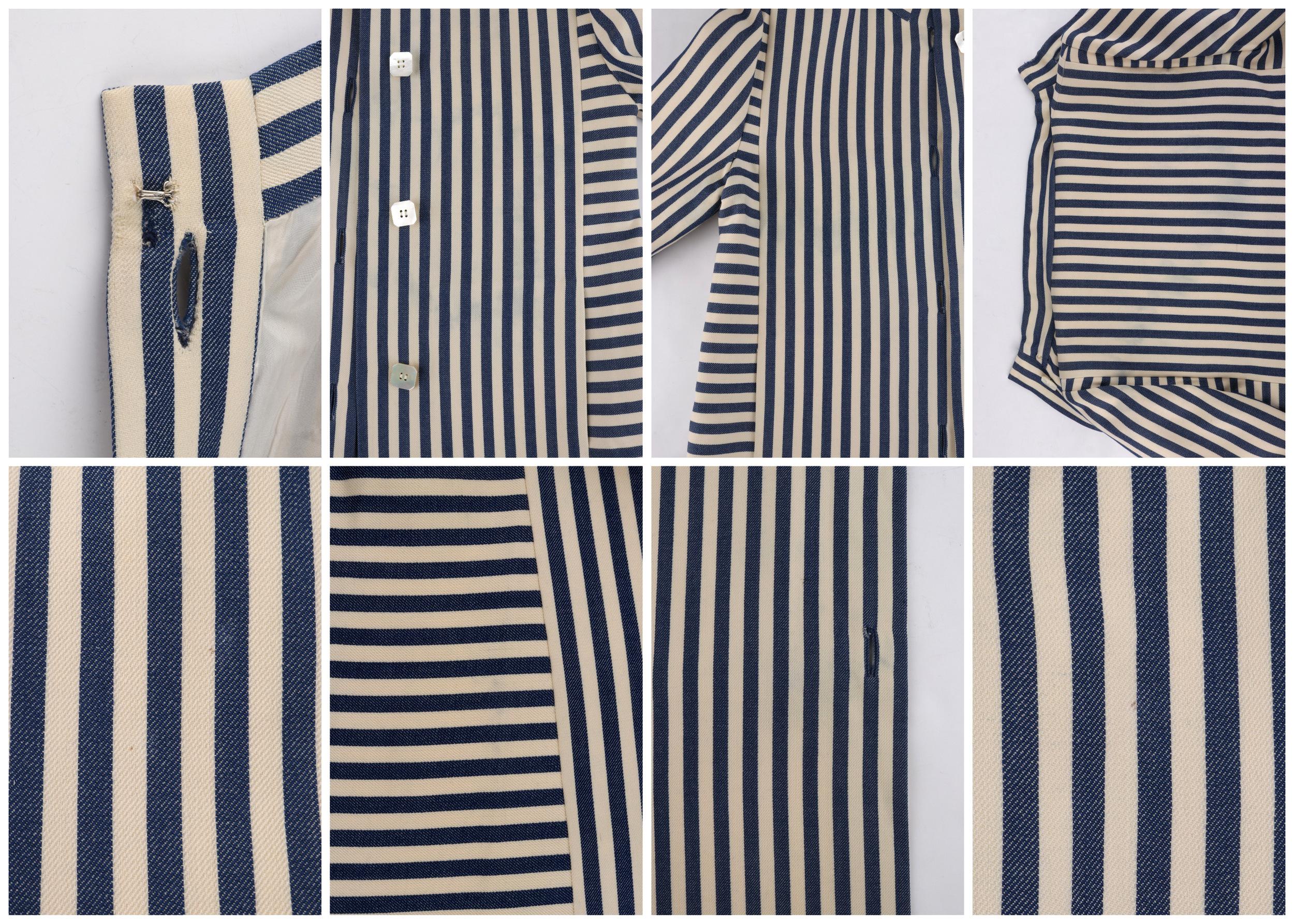 PAULINE TRIGERE c.1980’s Blue Ivory Striped Pleated Coat Jacket Sash Scarf Set For Sale 5