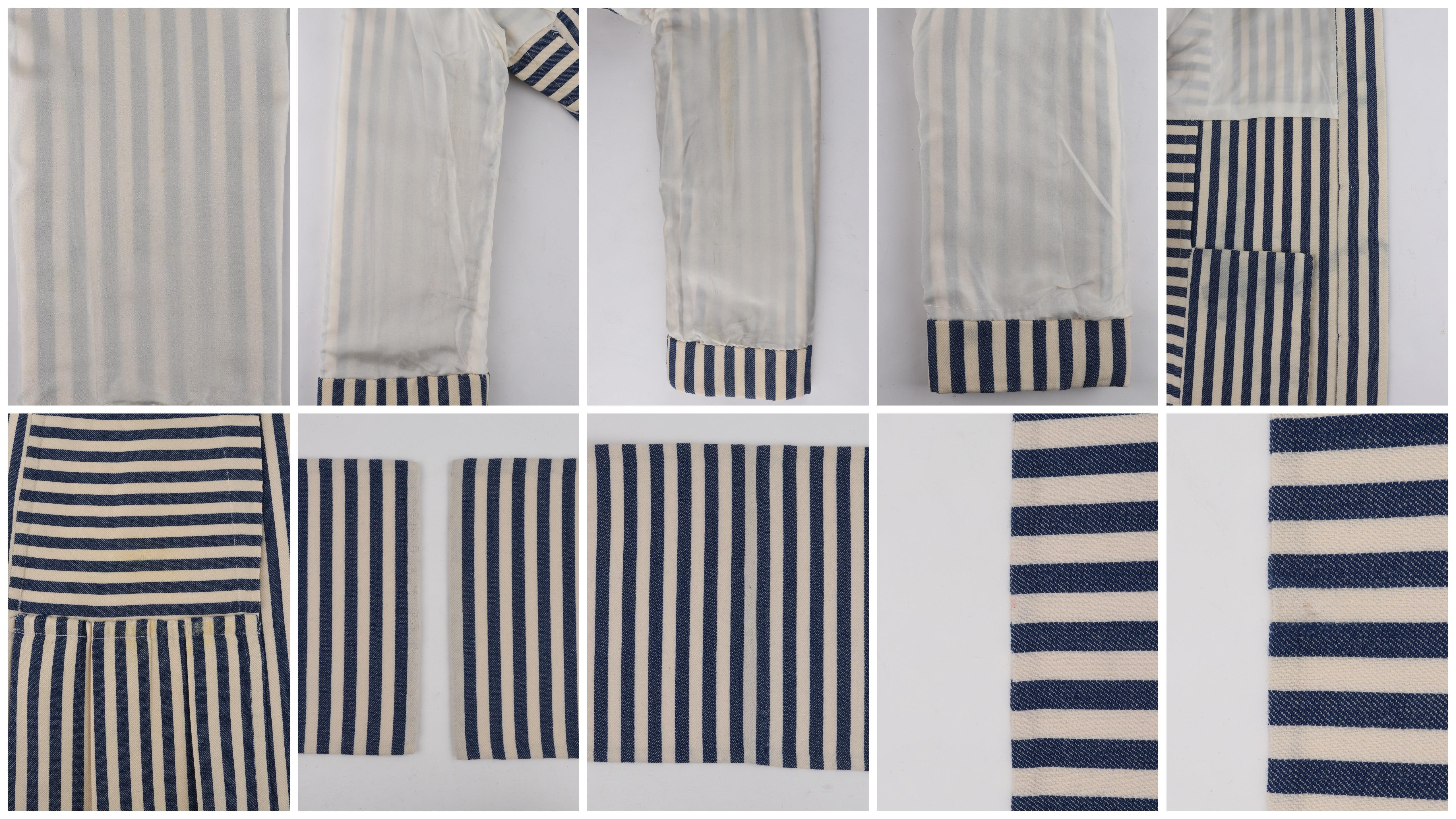 PAULINE TRIGERE c.1980's Blue Ivory Striped Pleated Coat Jacket Sash Scarf Set en vente 7