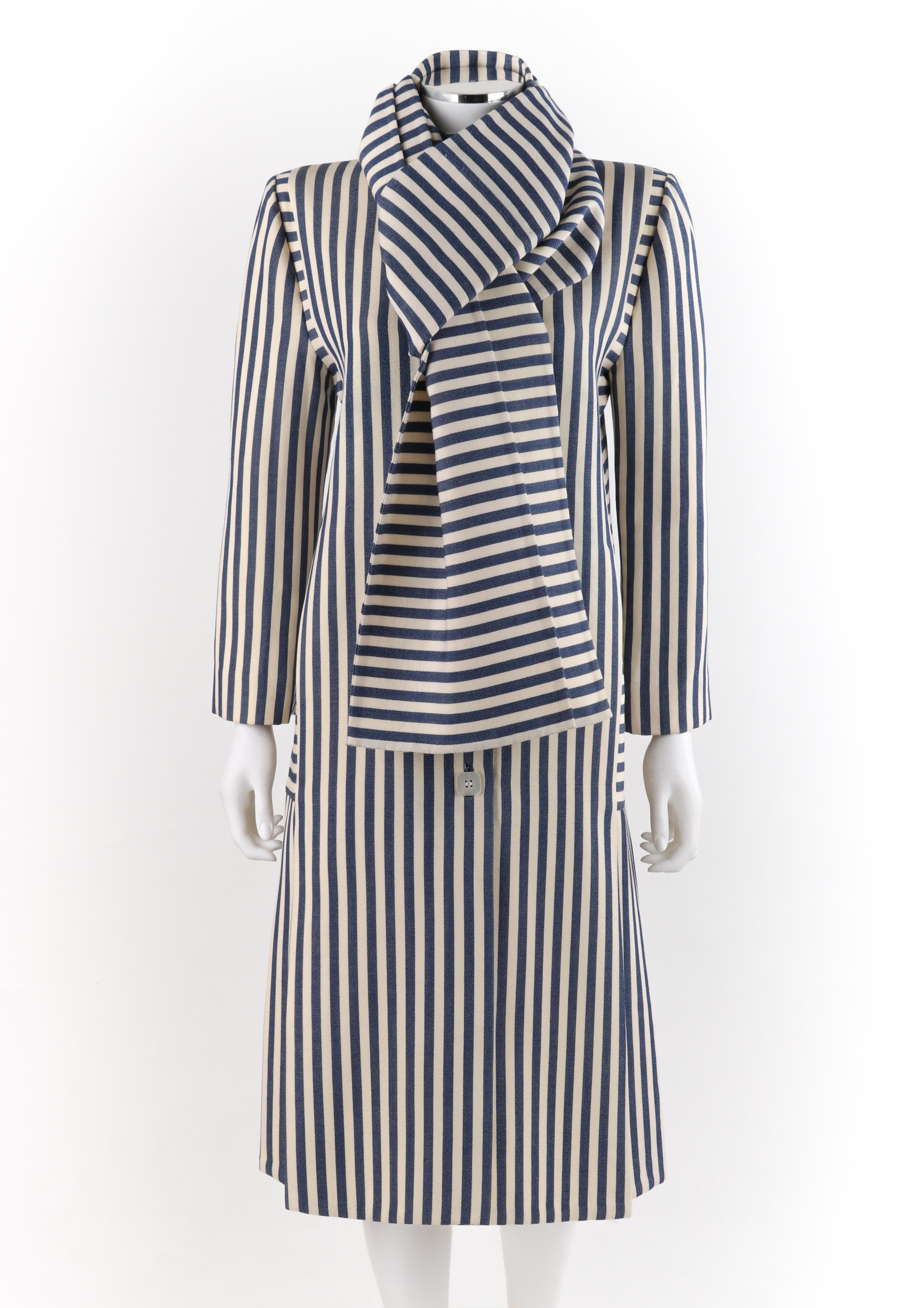 PAULINE TRIGERE c.1980’s Blue Ivory Striped Pleated Coat Jacket Sash Scarf Set

Circa: 1980’s 
Label(s): Pauline Trigere
Designer: Pauline Trigere
Style: Full-length overcoat
Color(s): Blue and ivory
Lined: Yes- partial
Unmarked Fabric Content (feel