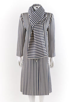 PAULINE TRIGERE c.1980’s Blue Ivory Striped Pleated Coat Jacket Sash Scarf Set