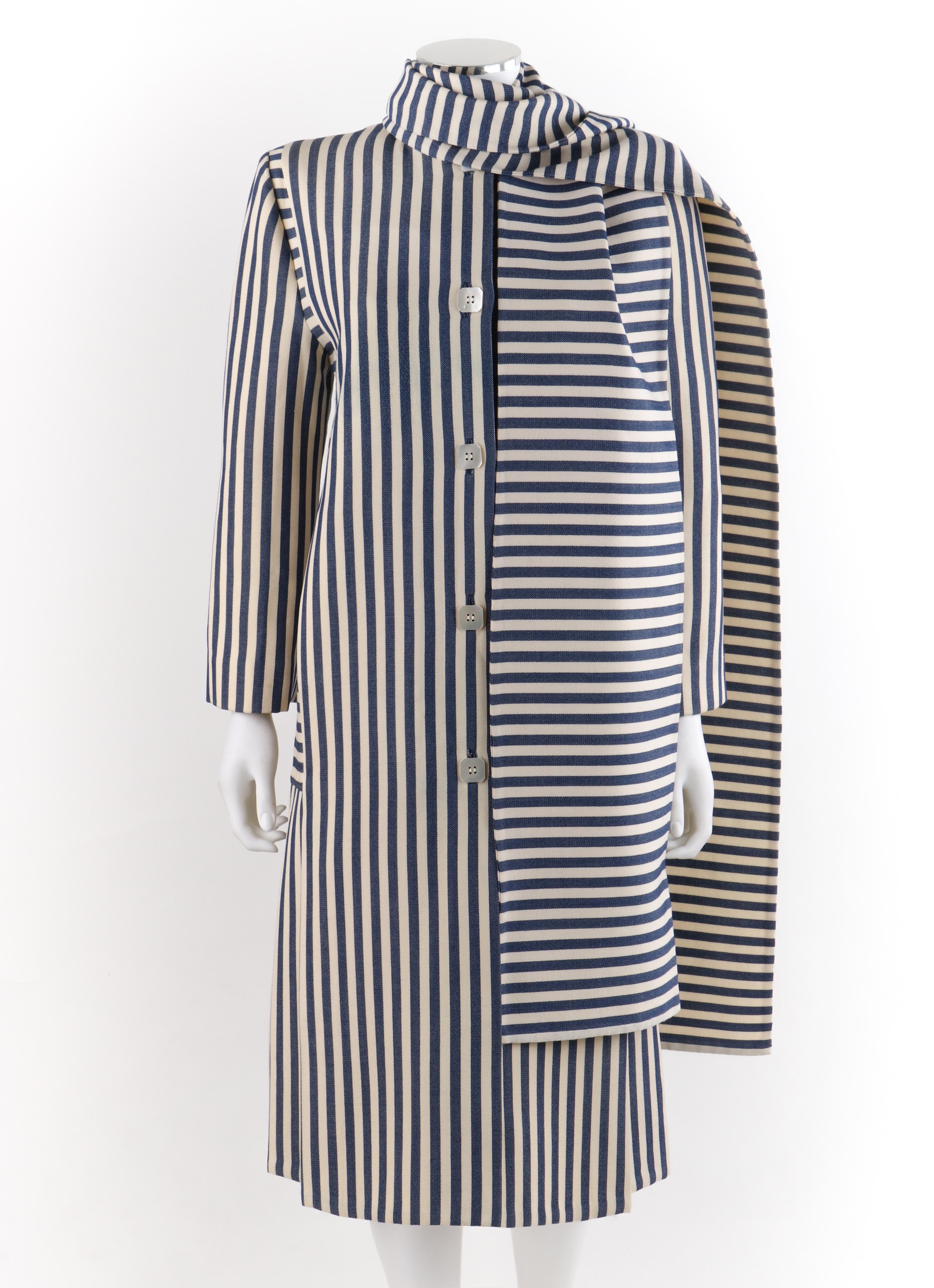 Blanc PAULINE TRIGERE c.1980's Blue Ivory Striped Pleated Coat Jacket Sash Scarf Set en vente