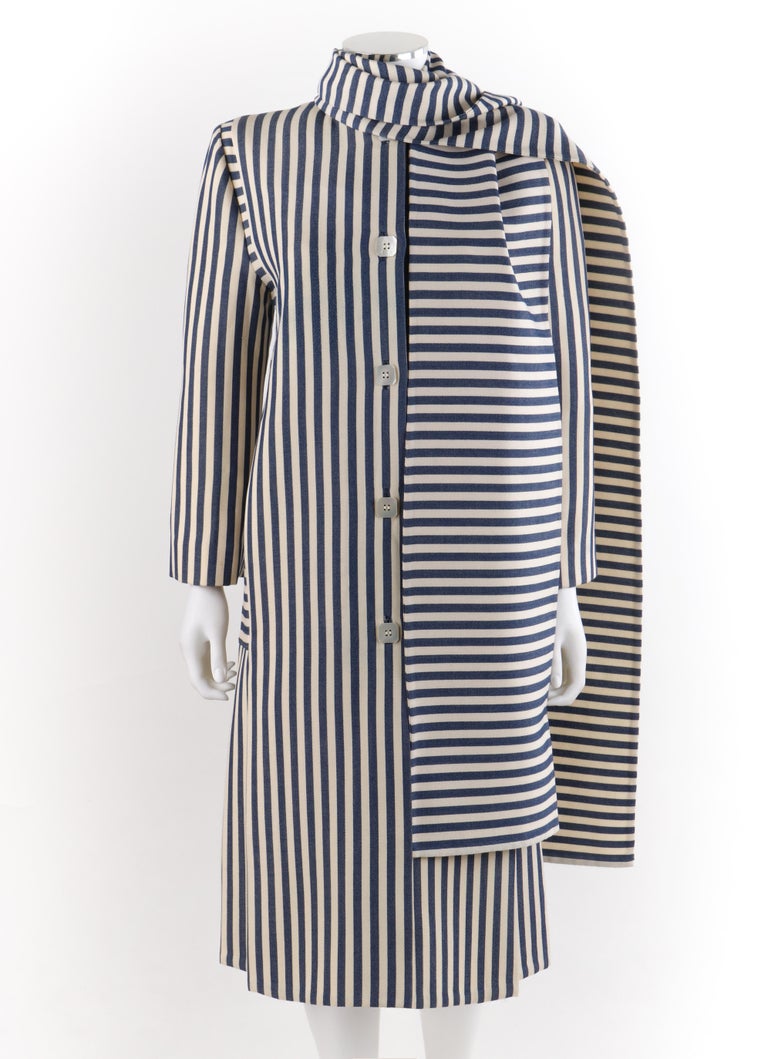 PAULINE TRIGERE c.1980’s Blue Ivory Striped Pleated Coat Jacket Sash ...