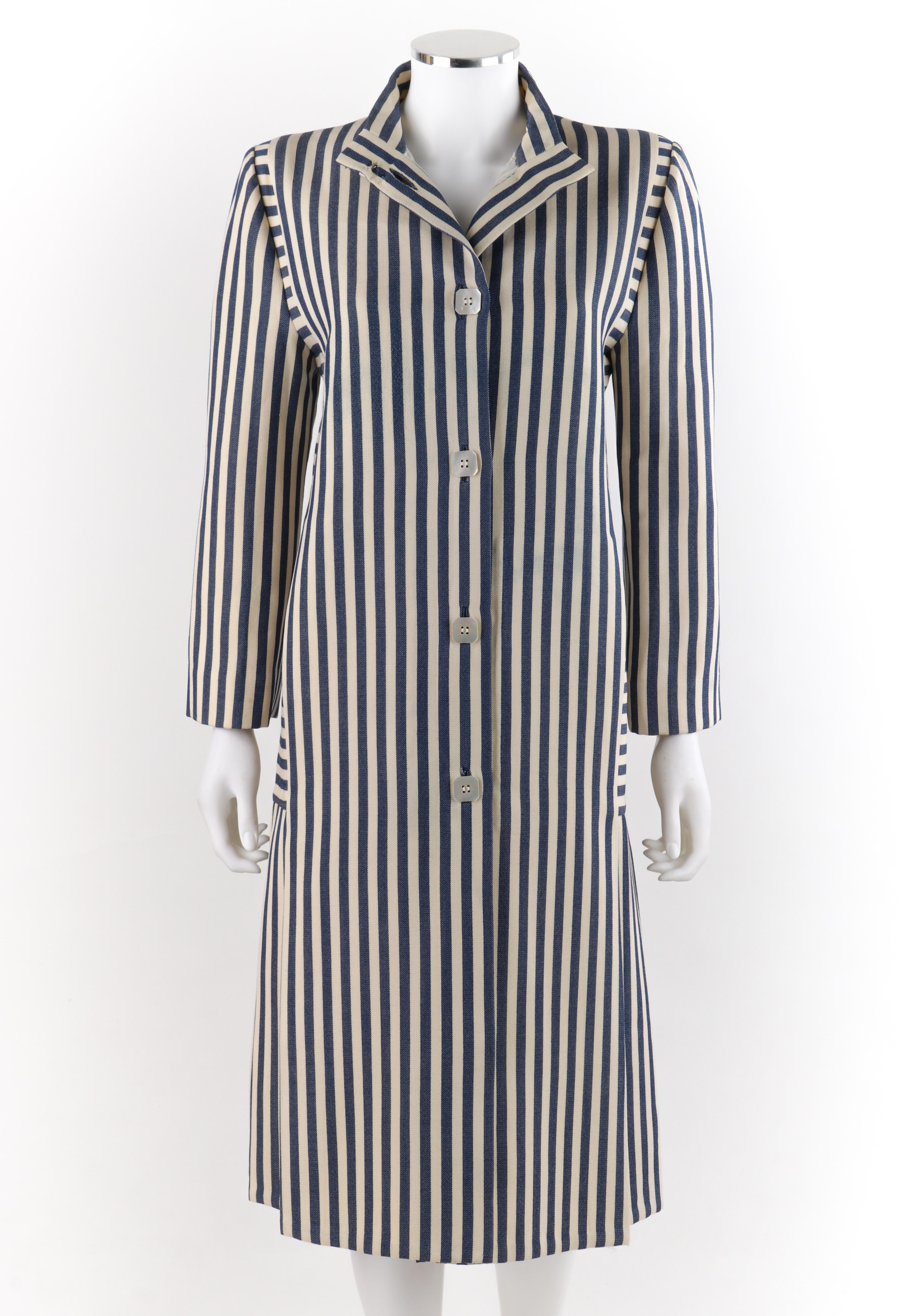 PAULINE TRIGERE c.1980’s Blue Ivory Striped Pleated Coat Jacket Sash Scarf Set In Fair Condition For Sale In Thiensville, WI