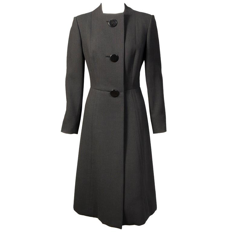 Pauline Trigere Collarless Three Button Black Wool Coat
