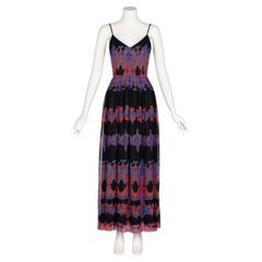 Pauline Trigre Baumwolle Seide Voile Schwarzes ärmelloses Kleid mit lebhaftem Druck, 1970er Jahre