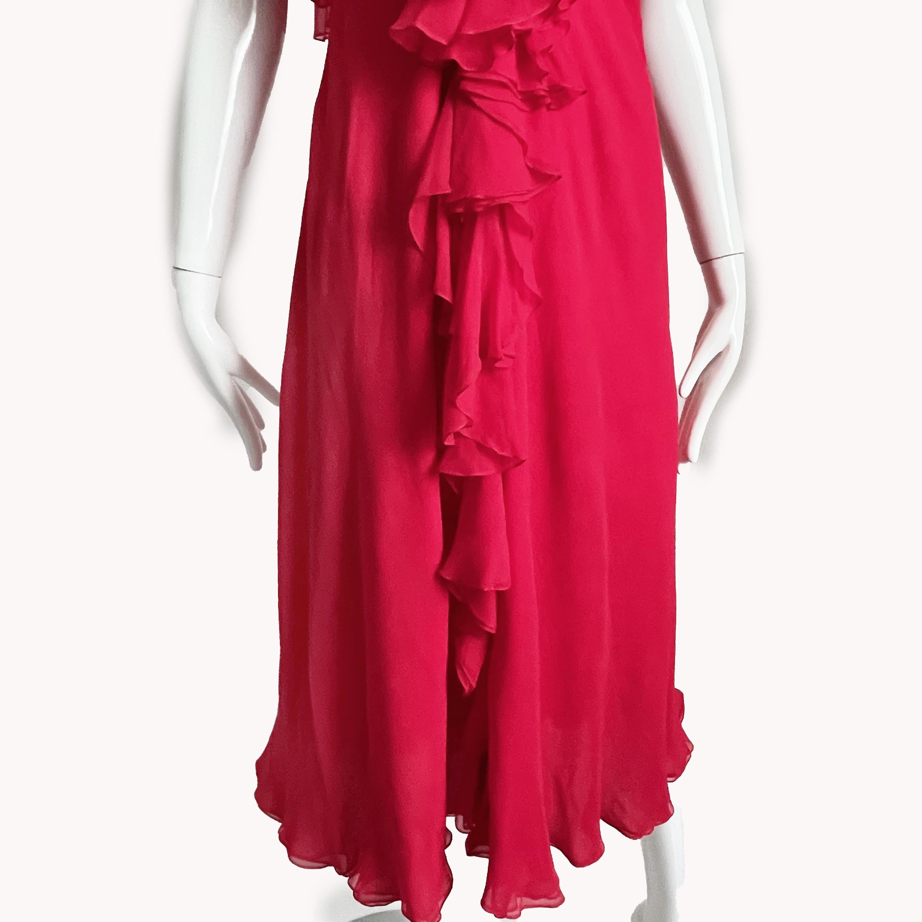 Pauline Trigere Dress and Shawl 2pc Set Red Silk Chiffon Loose Ruffles Vintage For Sale 6