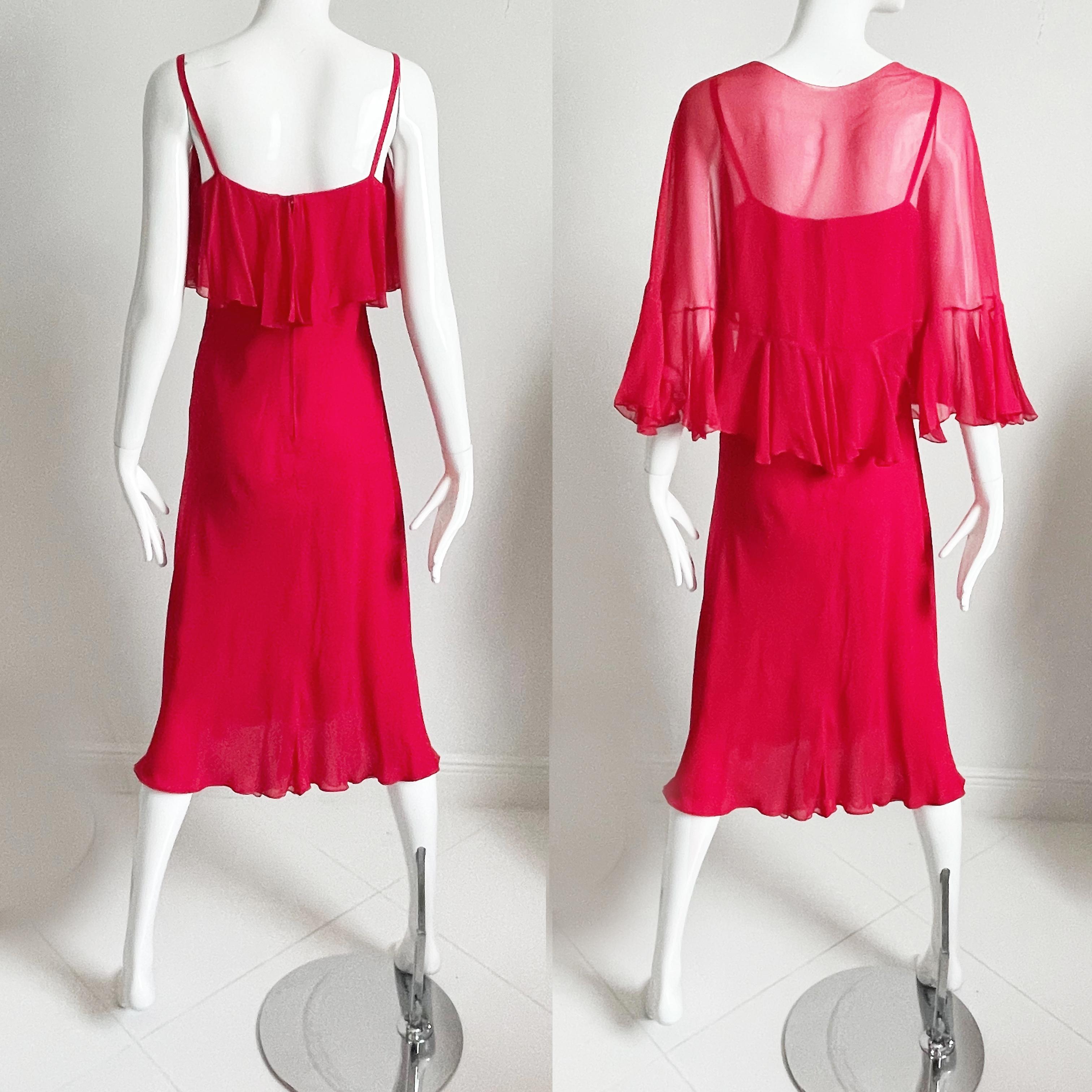 Pauline Trigere Dress and Shawl 2pc Set Red Silk Chiffon Loose Ruffles Vintage For Sale 8
