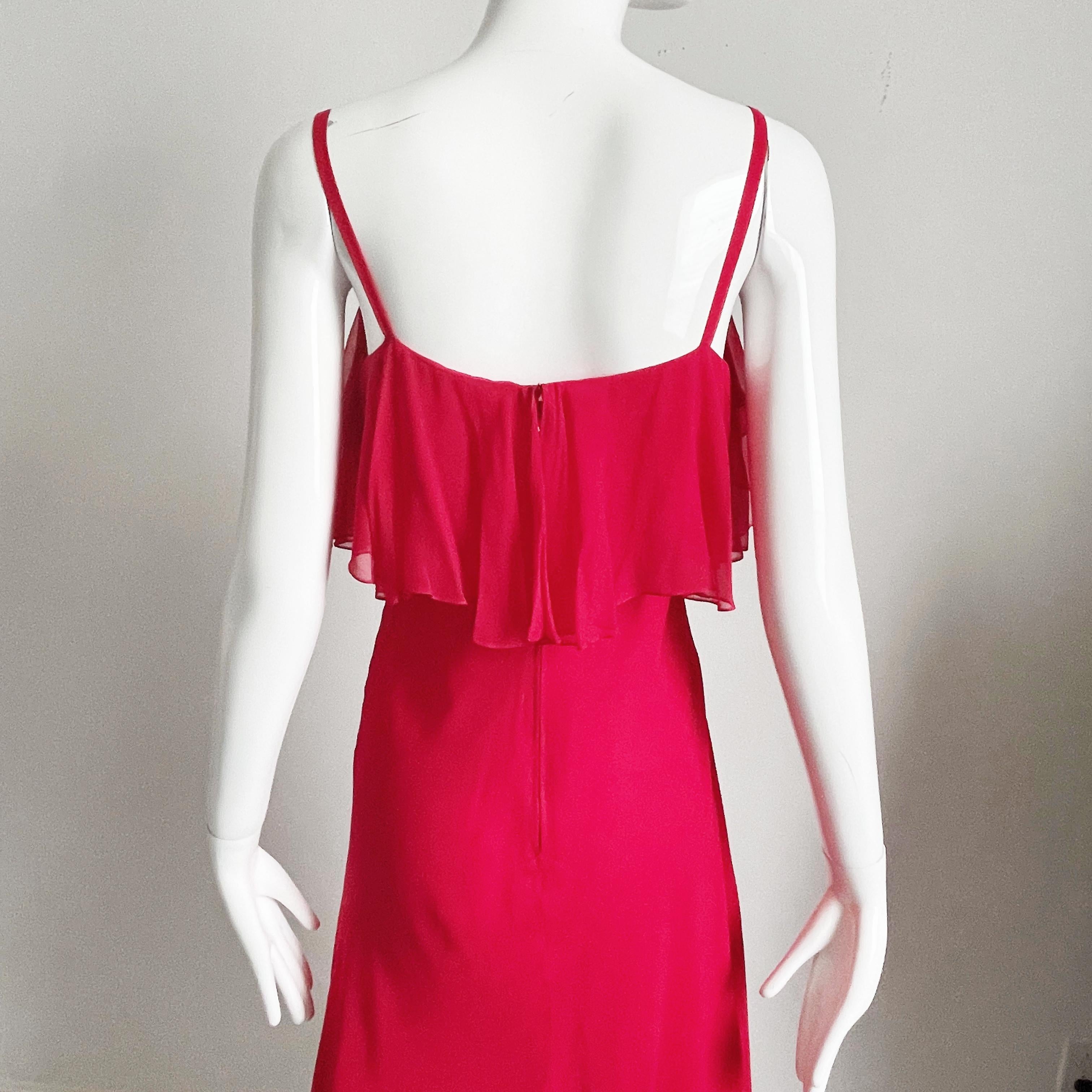 Pauline Trigere Dress and Shawl 2pc Set Red Silk Chiffon Loose Ruffles Vintage For Sale 9