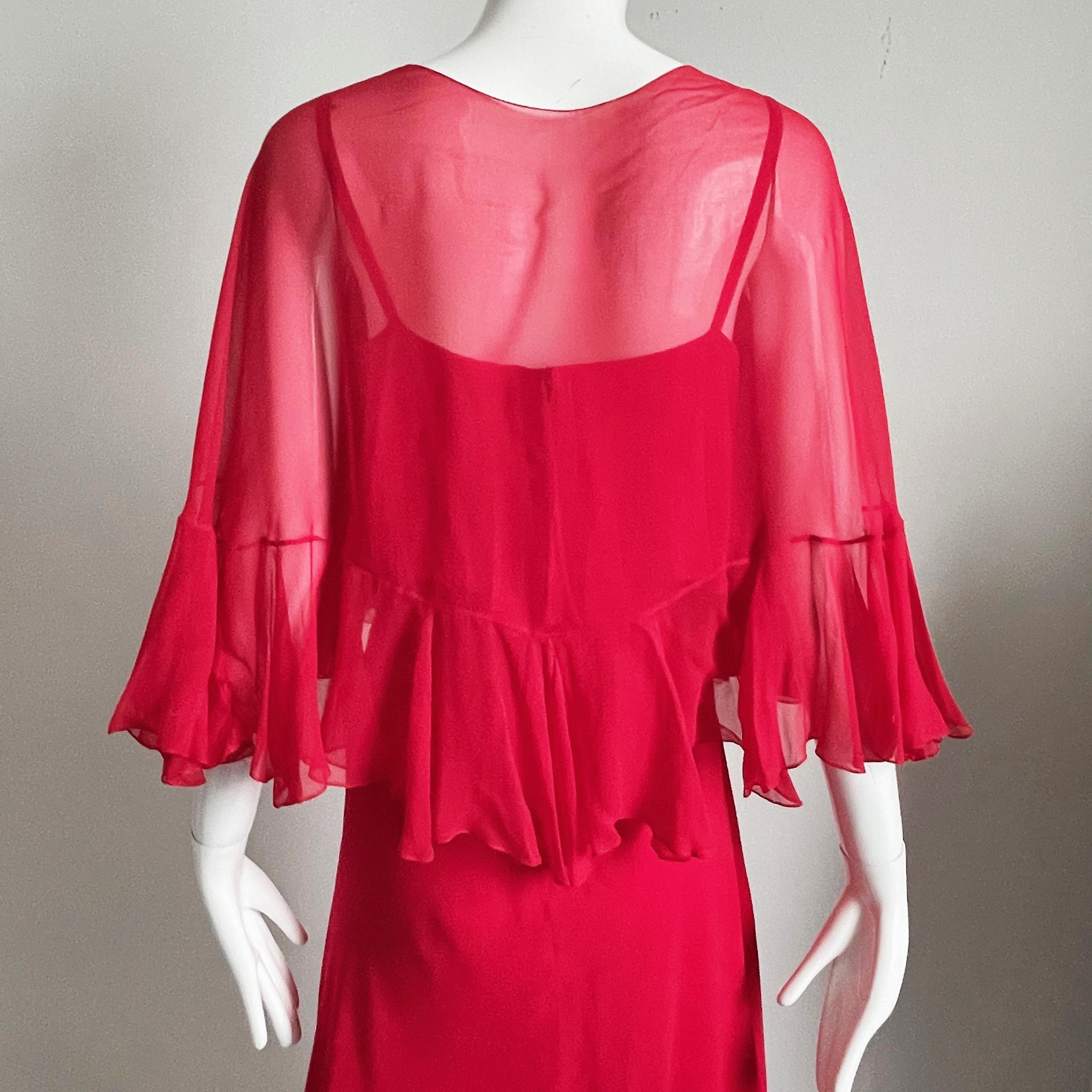 Pauline Trigere Dress and Shawl 2pc Set Red Silk Chiffon Loose Ruffles Vintage For Sale 10