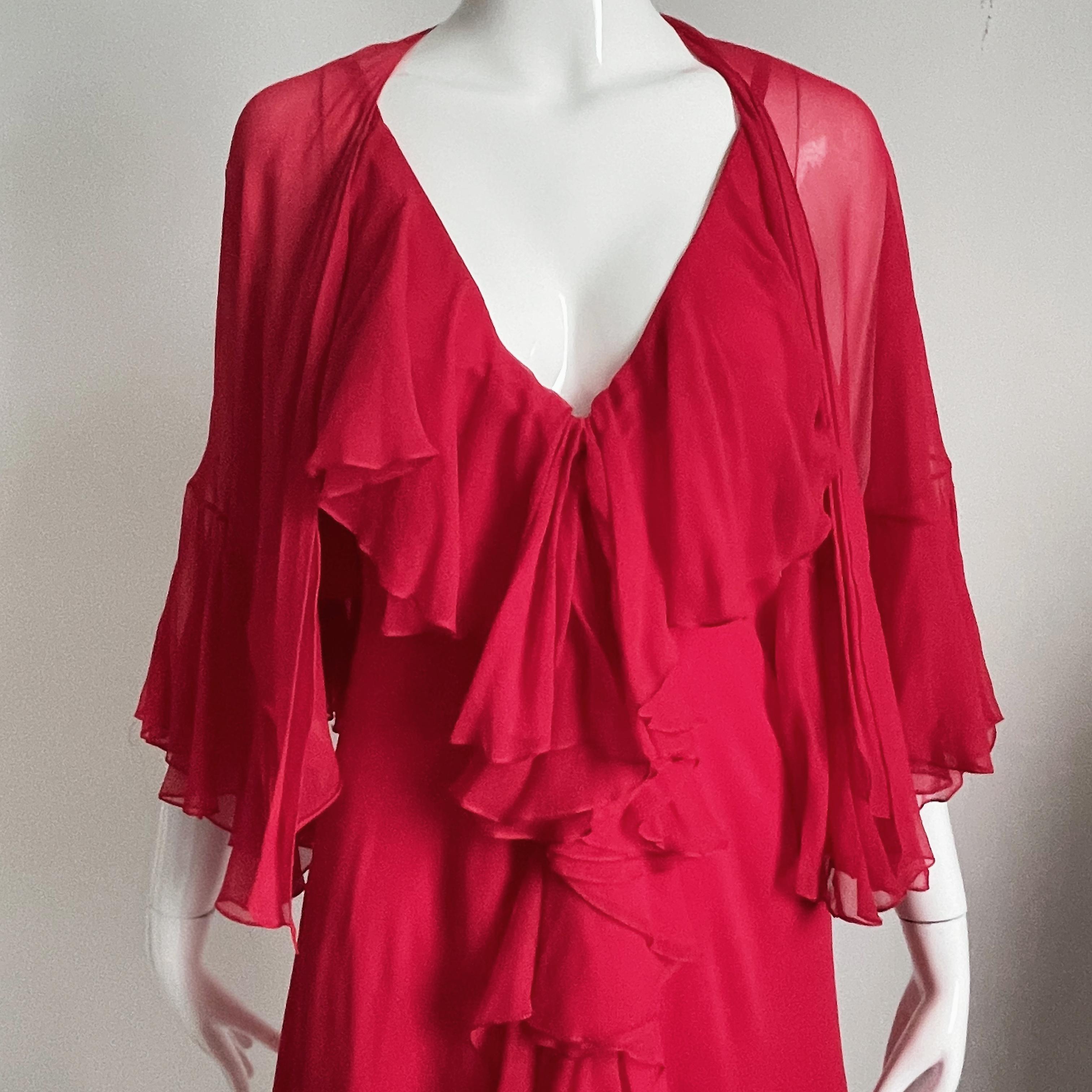 Pauline Trigere Dress and Shawl 2pc Set Red Silk Chiffon Loose Ruffles Vintage In Good Condition For Sale In Port Saint Lucie, FL