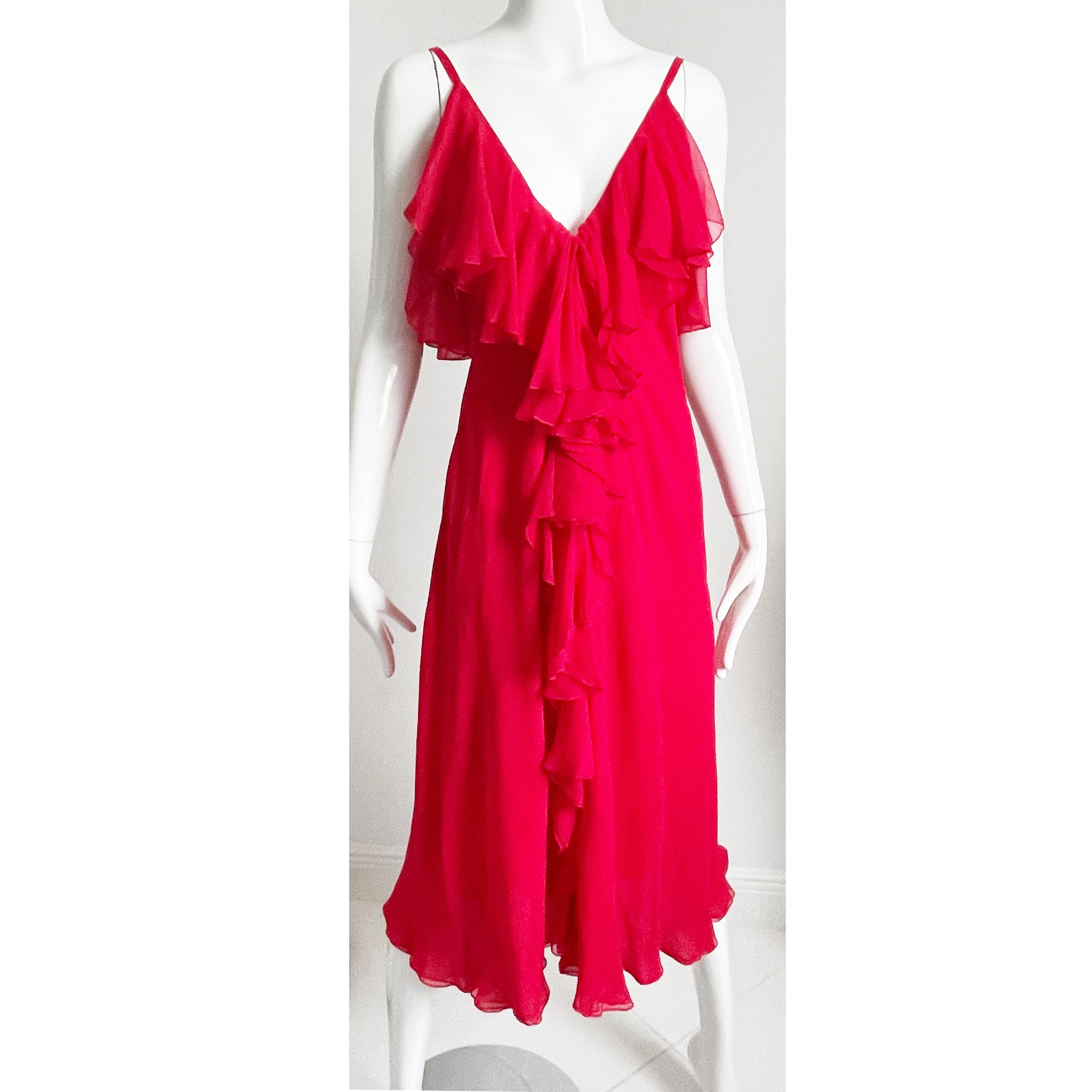 Pauline Trigere Dress and Shawl 2pc Set Red Silk Chiffon Loose Ruffles Vintage For Sale 4