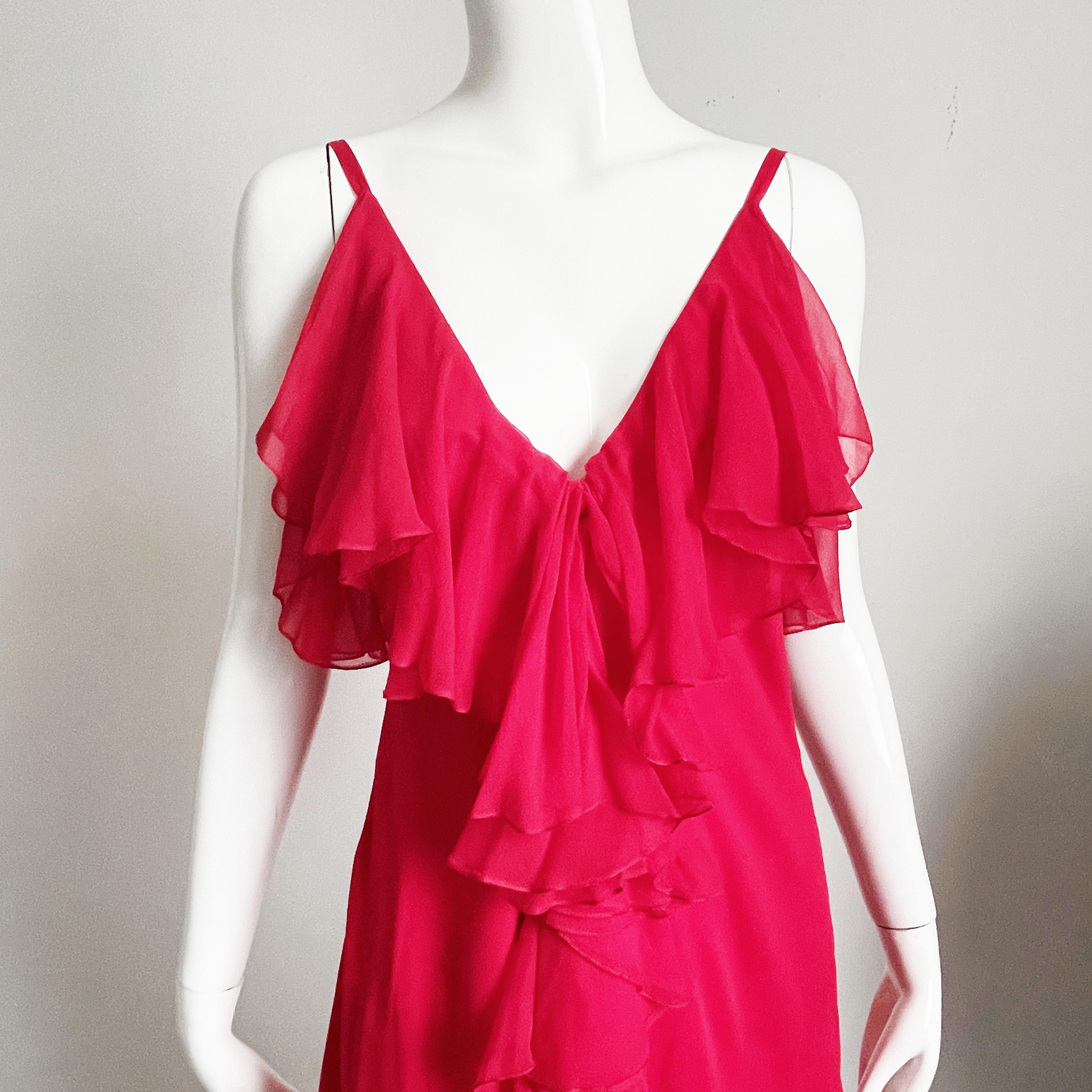 Pauline Trigere Dress and Shawl 2pc Set Red Silk Chiffon Loose Ruffles Vintage For Sale 5